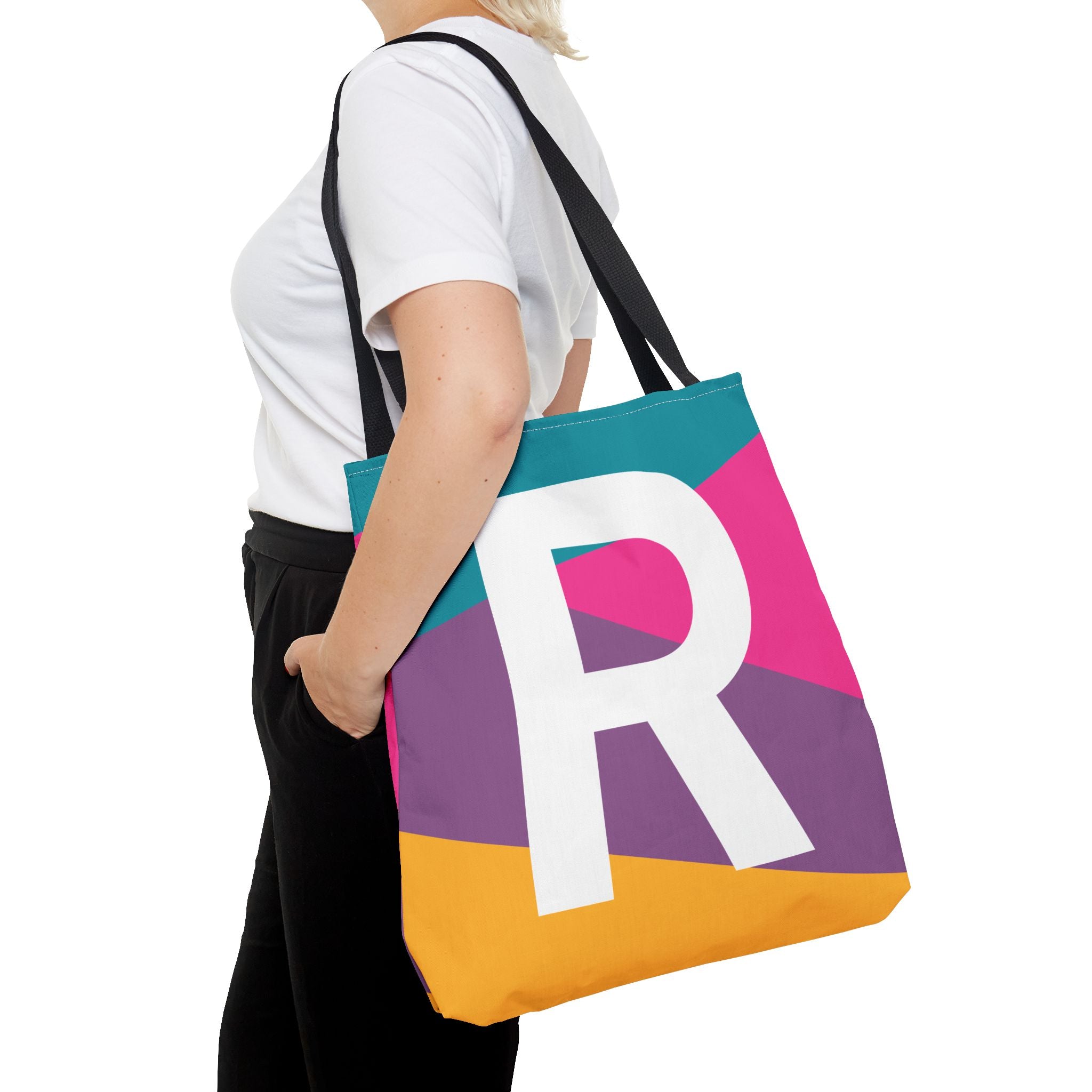 Monogram 'R' Colorblock Tote Bag — Personalized Initial R Shoulder Tote