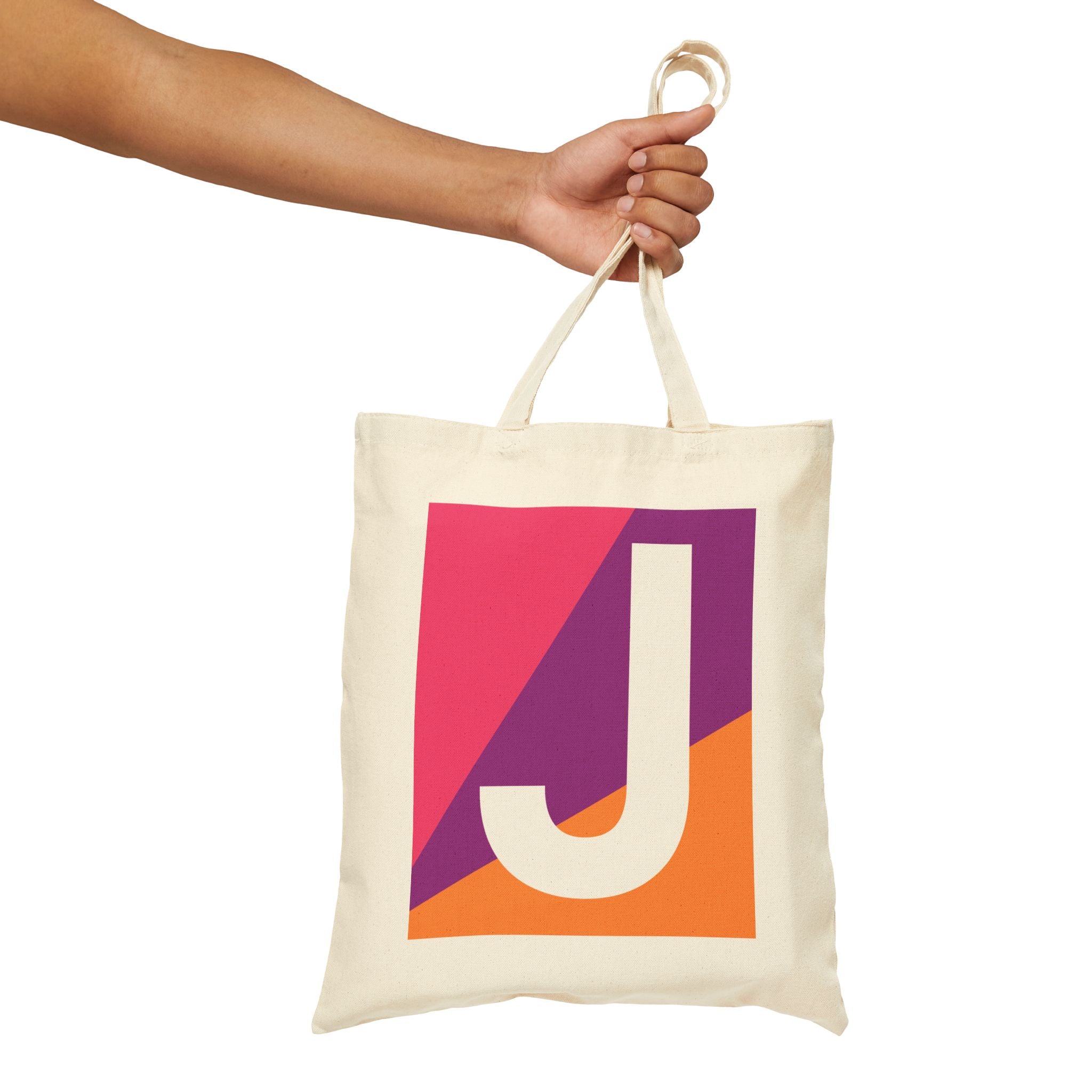 Initial J Colorblock Canvas Tote Bag — Monogram Letter J Reusable Grocery Tote