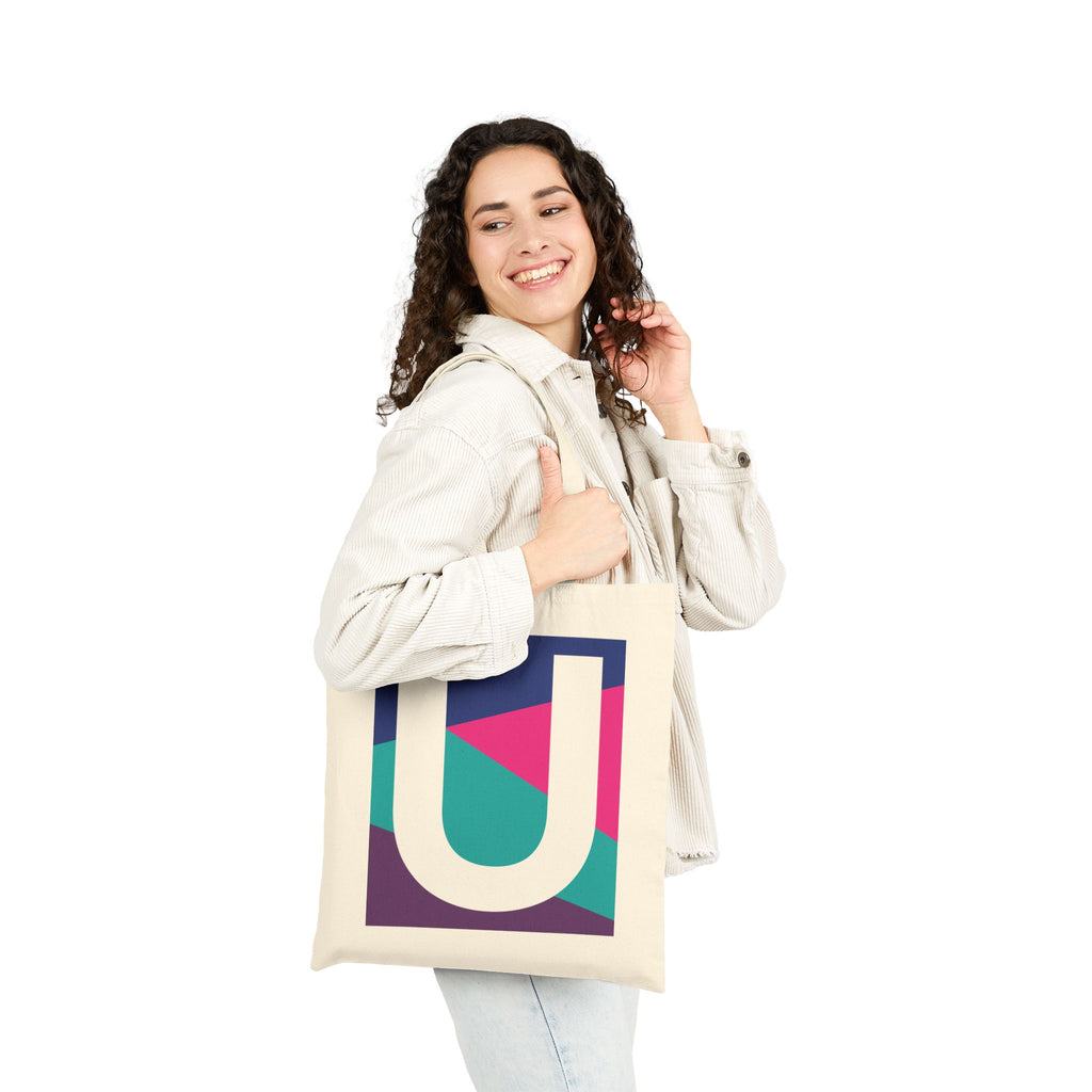 Initial U Colorblock Canvas Tote Bag — Monogram Letter U Reusable Grocery Tote