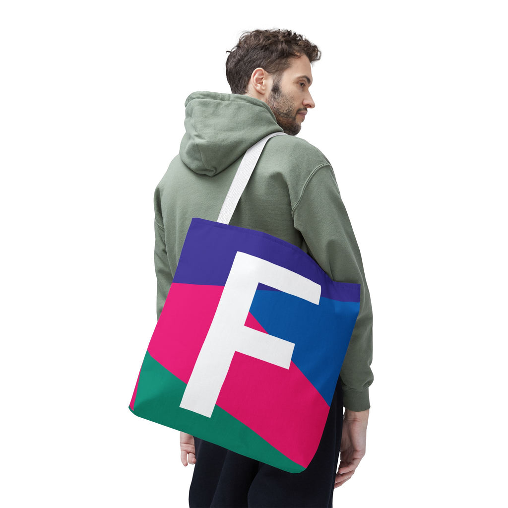 Monogram 'F' Colorblock Tote Bag — Personalized Initial F Shoulder Tote