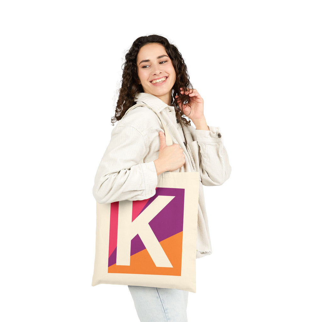 Initial K Colorblock Canvas Tote Bag — Monogram Letter K Reusable Grocery Tote