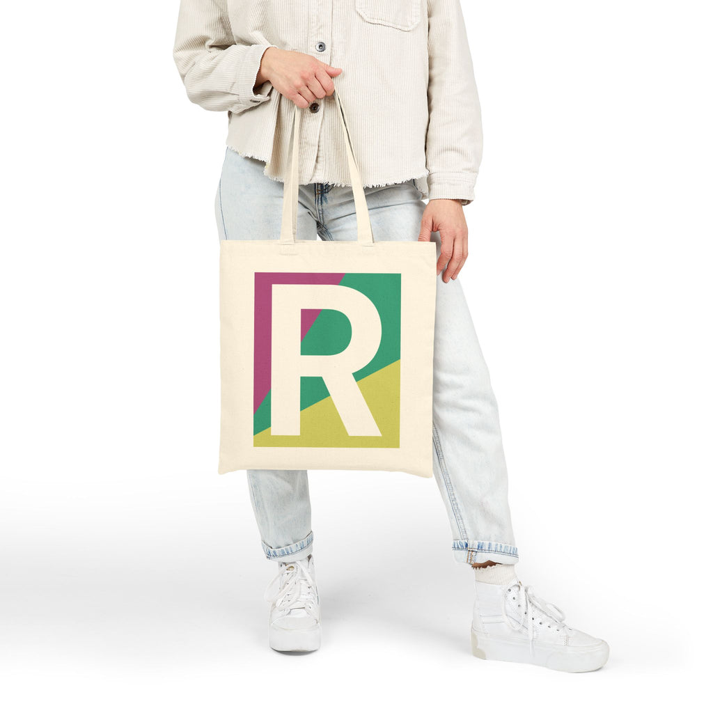 Initial R Colorblock Canvas Tote Bag — Monogram Letter R Reusable Grocery Tote