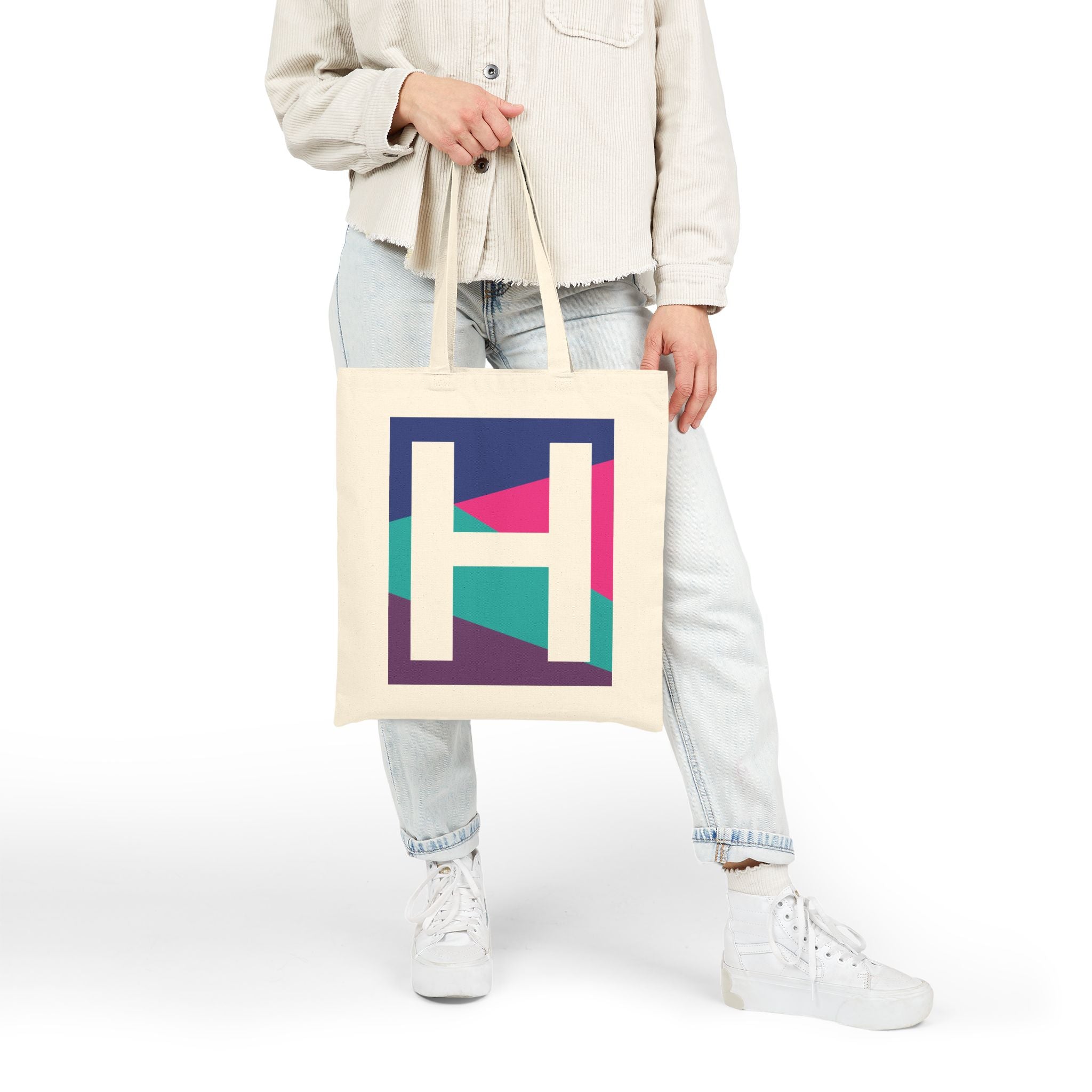 Initial H Colorblock Canvas Tote Bag — Monogram Letter H Reusable Grocery Tote
