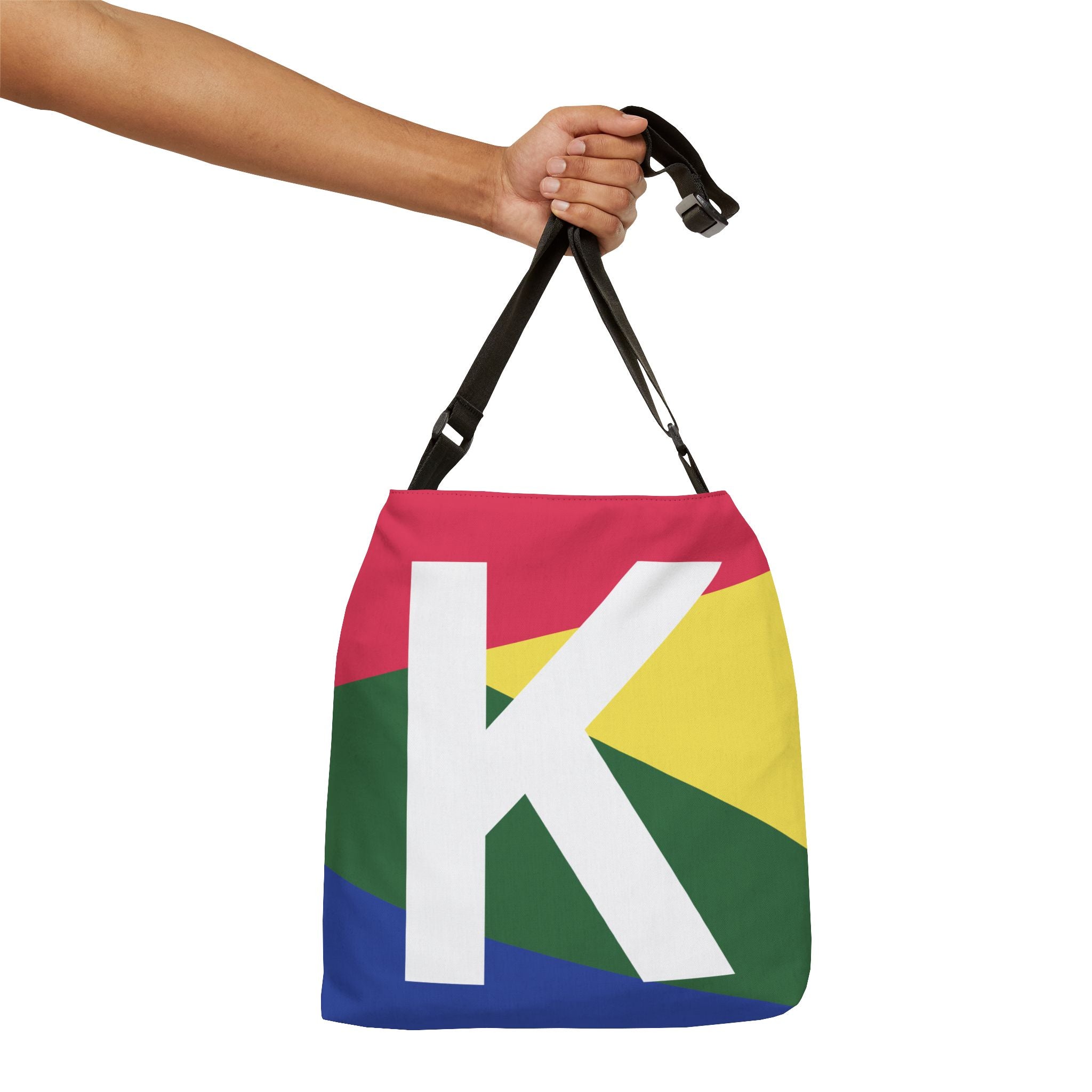 Initial Letter 'K' Colorblock Adjustable Tote Bag — Monogram Alphabet Shoulder Bag