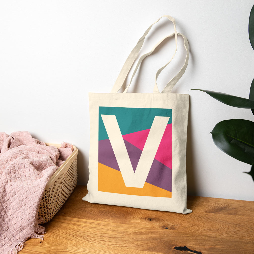 Initial V Colorblock Canvas Tote Bag — Monogram Letter V Reusable Grocery Tote