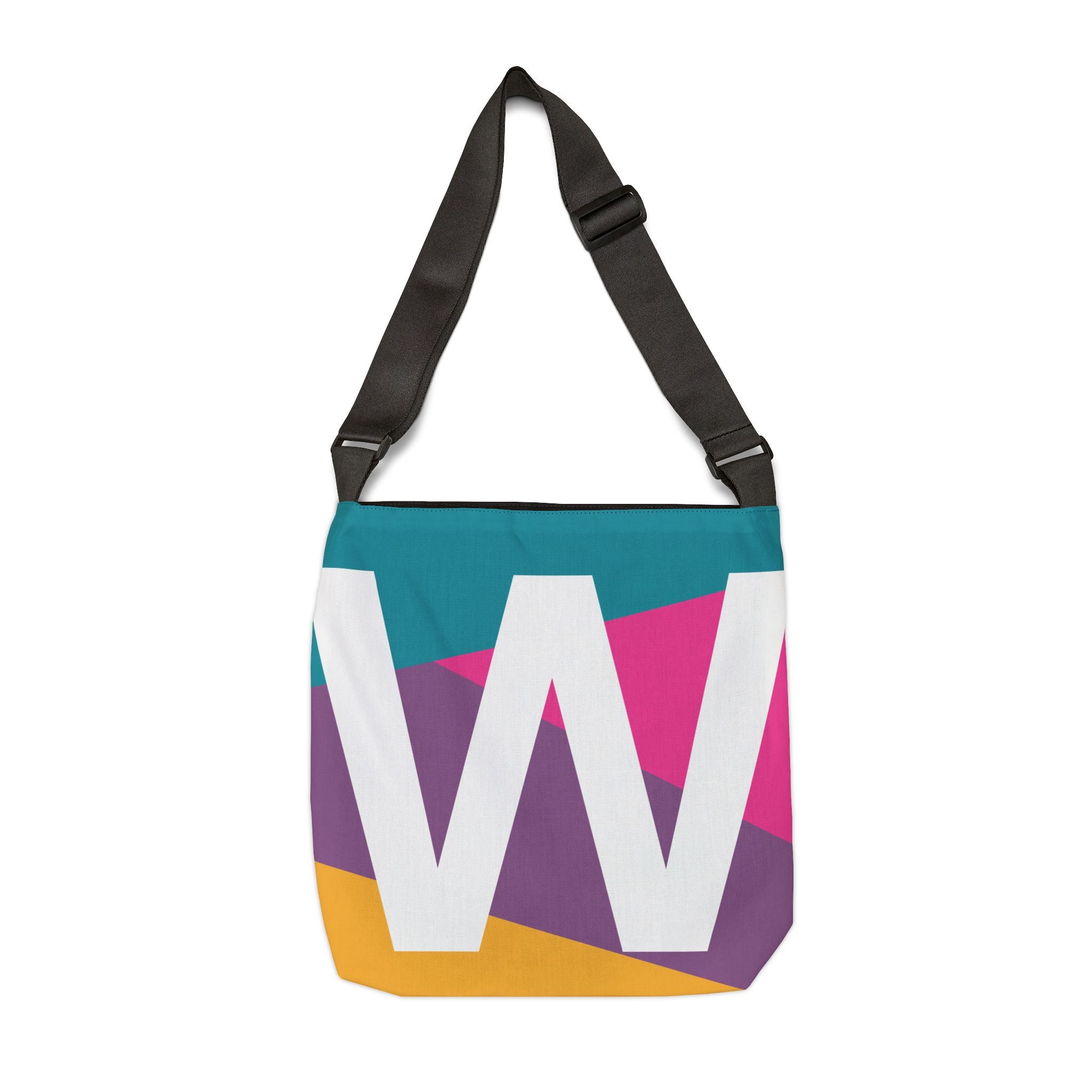 Initial Letter 'W' Colorblock Adjustable Tote Bag — Monogram Alphabet Shoulder Bag