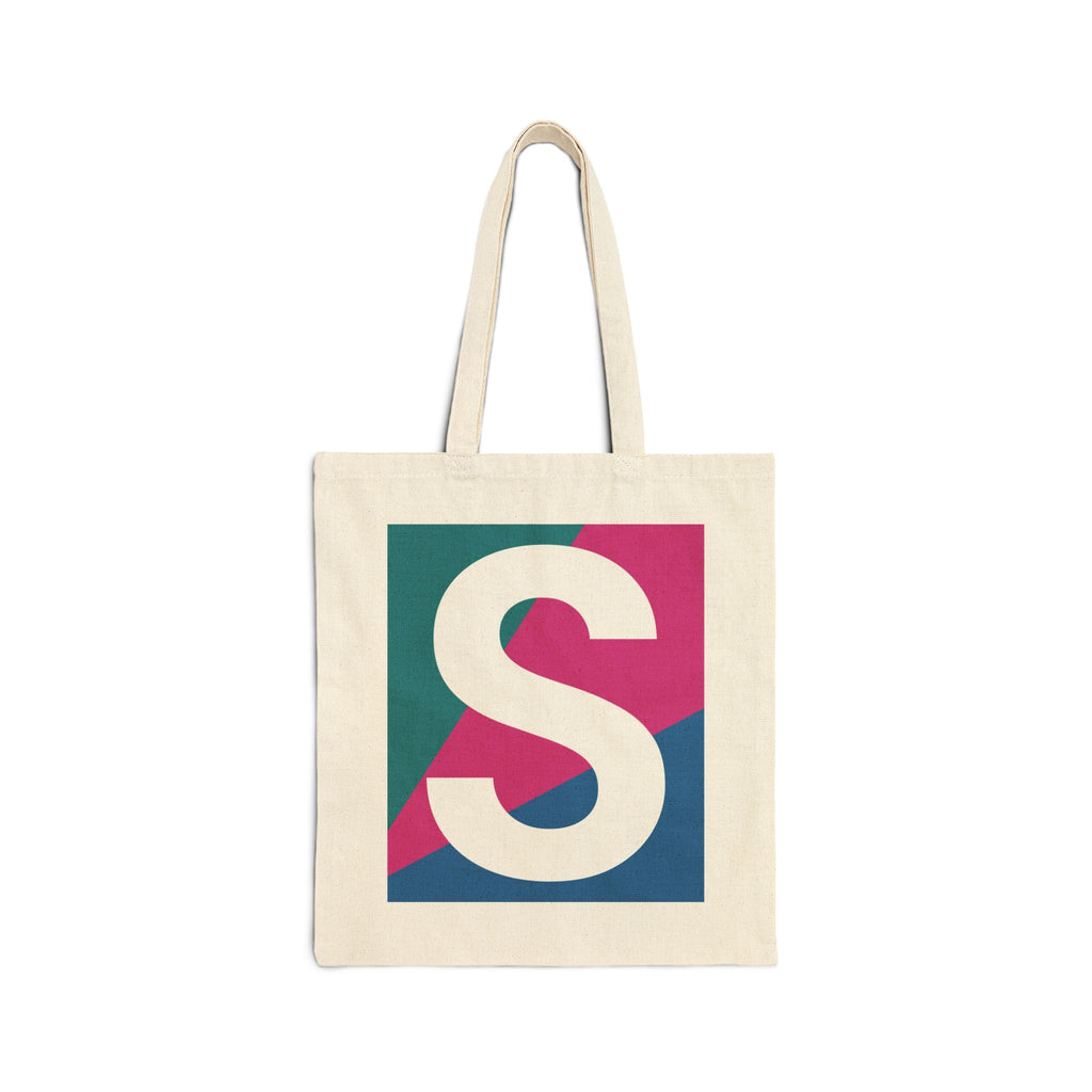 Initial S Colorblock Canvas Tote Bag — Monogram Letter S Reusable Grocery Tote