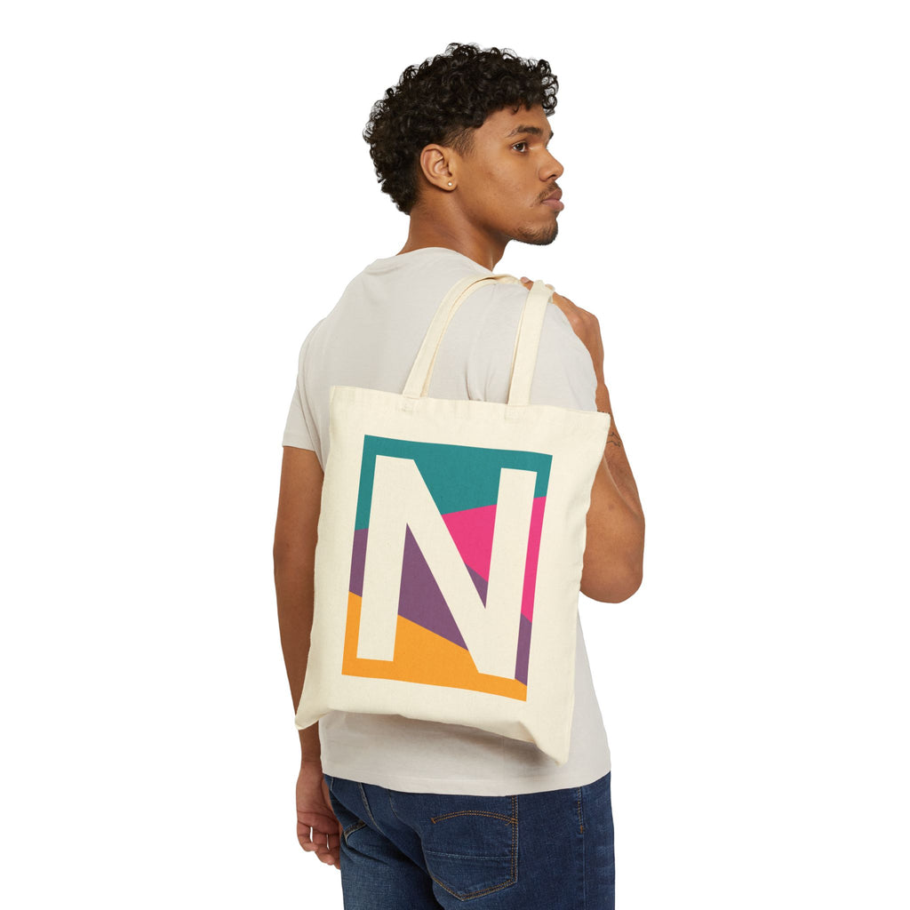 Initial N Colorblock Canvas Tote Bag — Monogram Letter N Reusable Grocery Tote