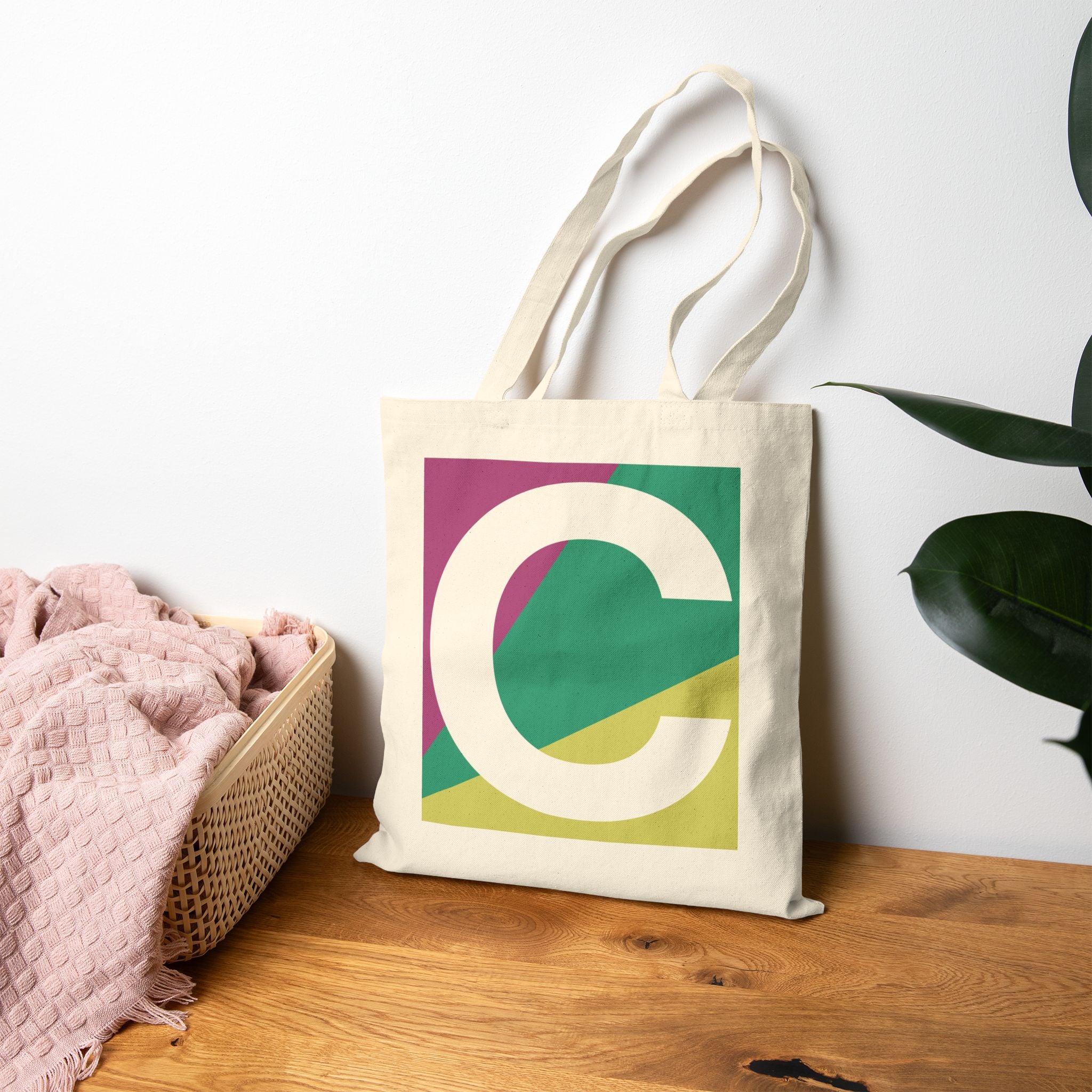 Initial C Colorblock Canvas Tote Bag — Monogram Letter C Reusable Grocery Tote