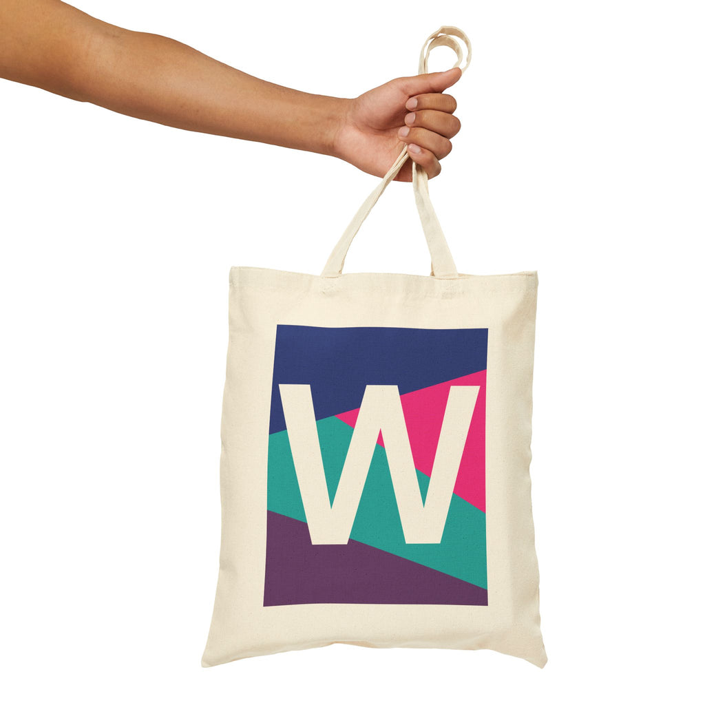 Initial W Colorblock Canvas Tote Bag — Monogram Letter W Reusable Grocery Tote