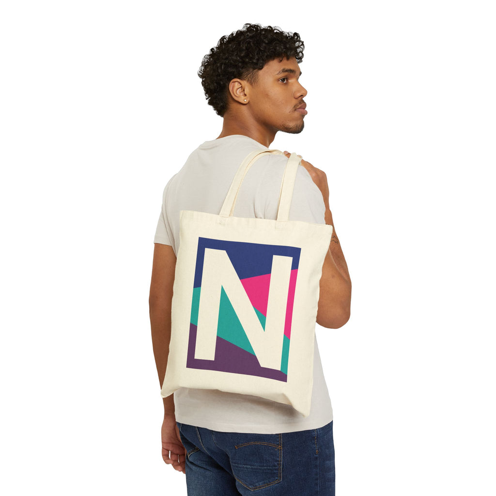 Initial N Colorblock Canvas Tote Bag — Monogram Letter N Reusable Grocery Tote