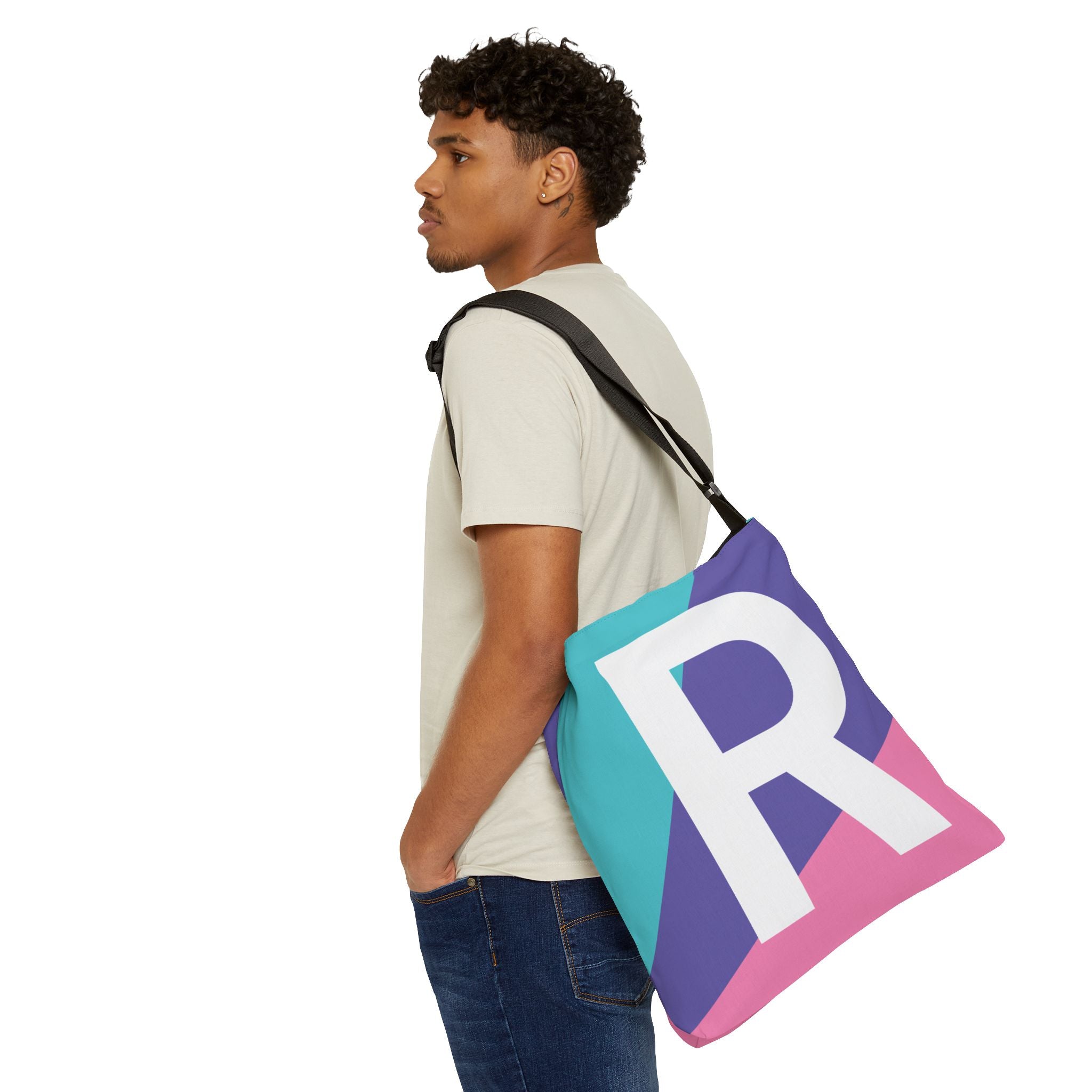 Initial Letter 'R' Colorblock Adjustable Tote Bag — Monogram Alphabet Shoulder Bag