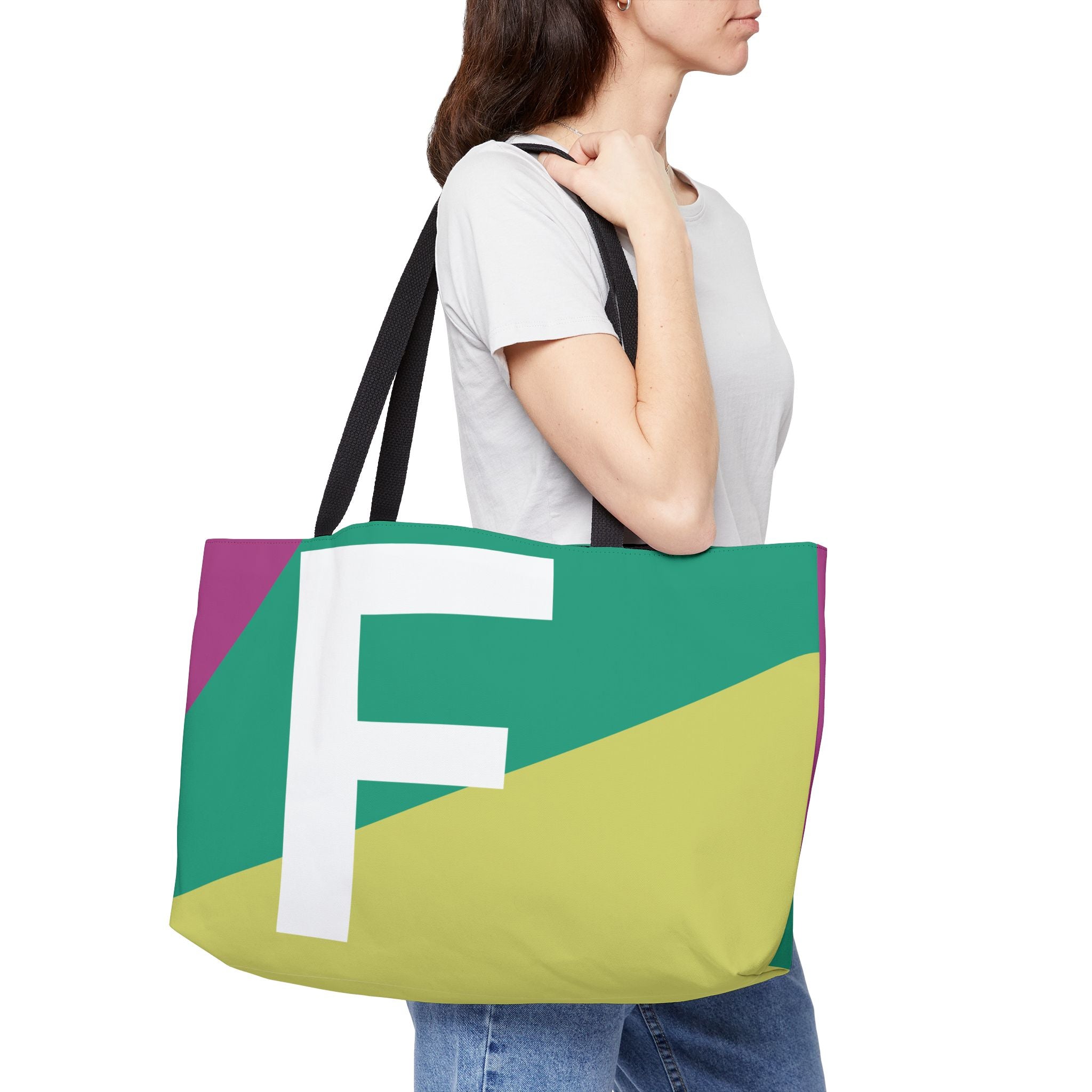 Personalized 'F' Colorblock Tote Bag — Monogram Weekender Tote