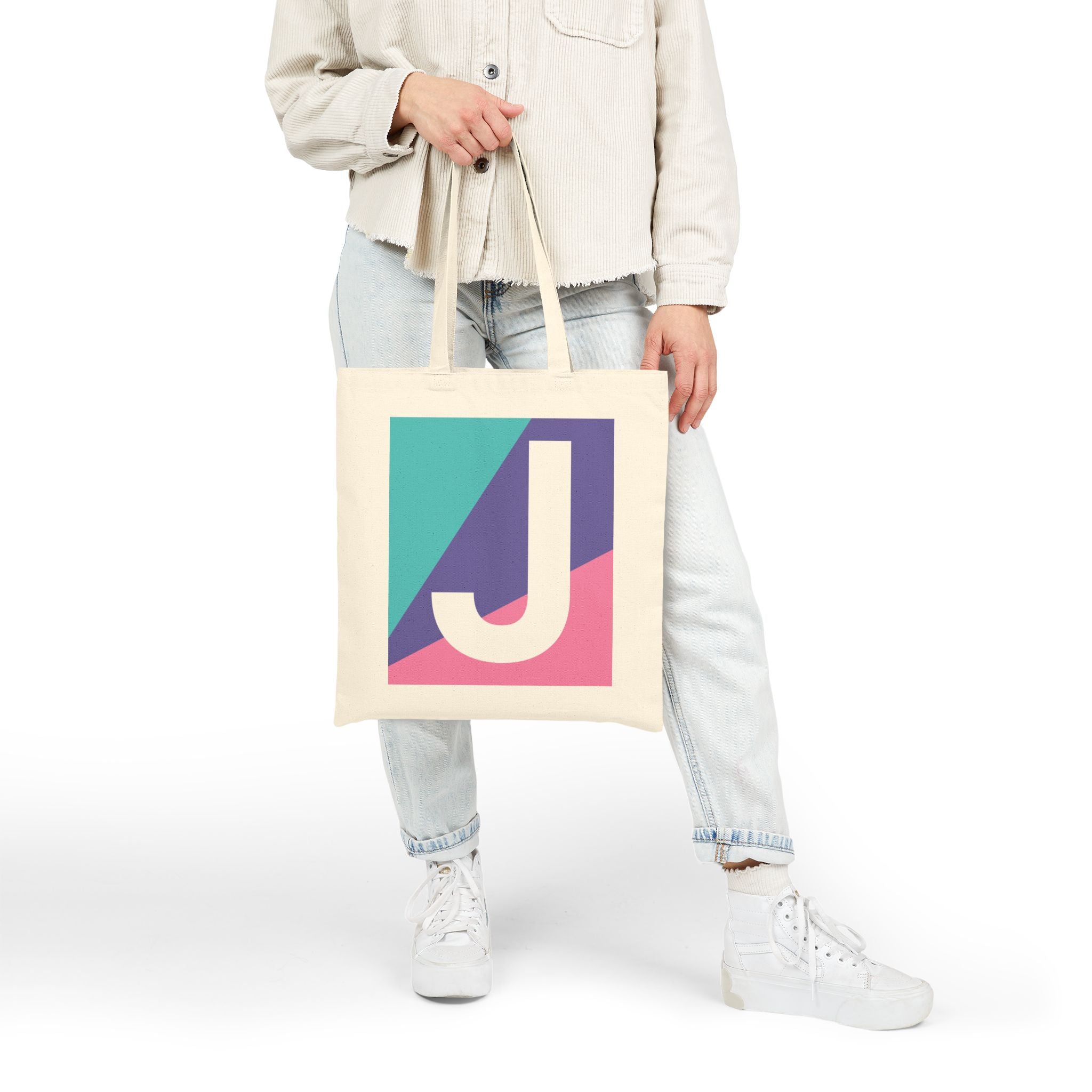 Initial J Colorblock Canvas Tote Bag — Monogram Letter J Reusable Grocery Tote