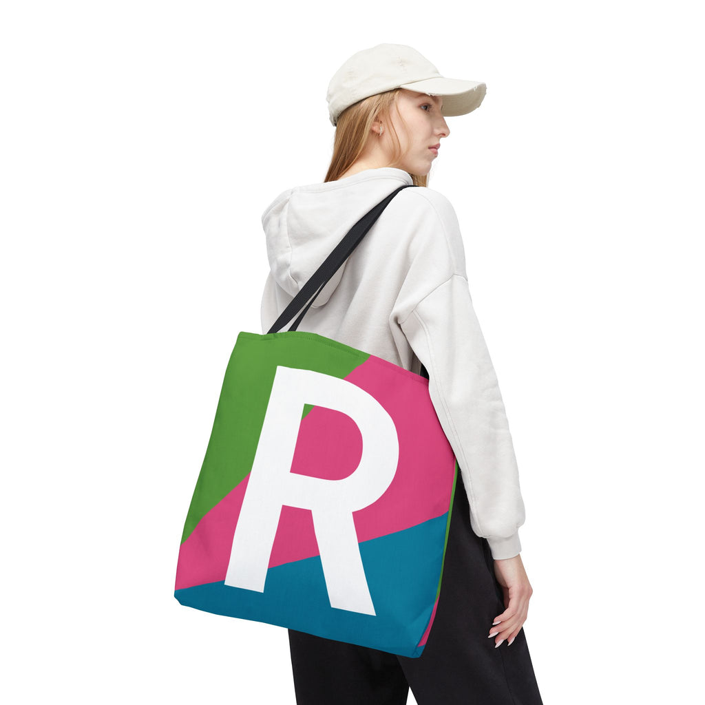 Monogram 'R' Colorblock Tote Bag — Personalized Initial R Shoulder Tote