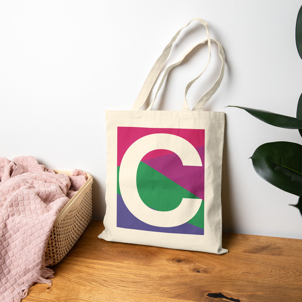 Initial C Colorblock Canvas Tote Bag — Monogram Letter C Reusable Grocery Tote