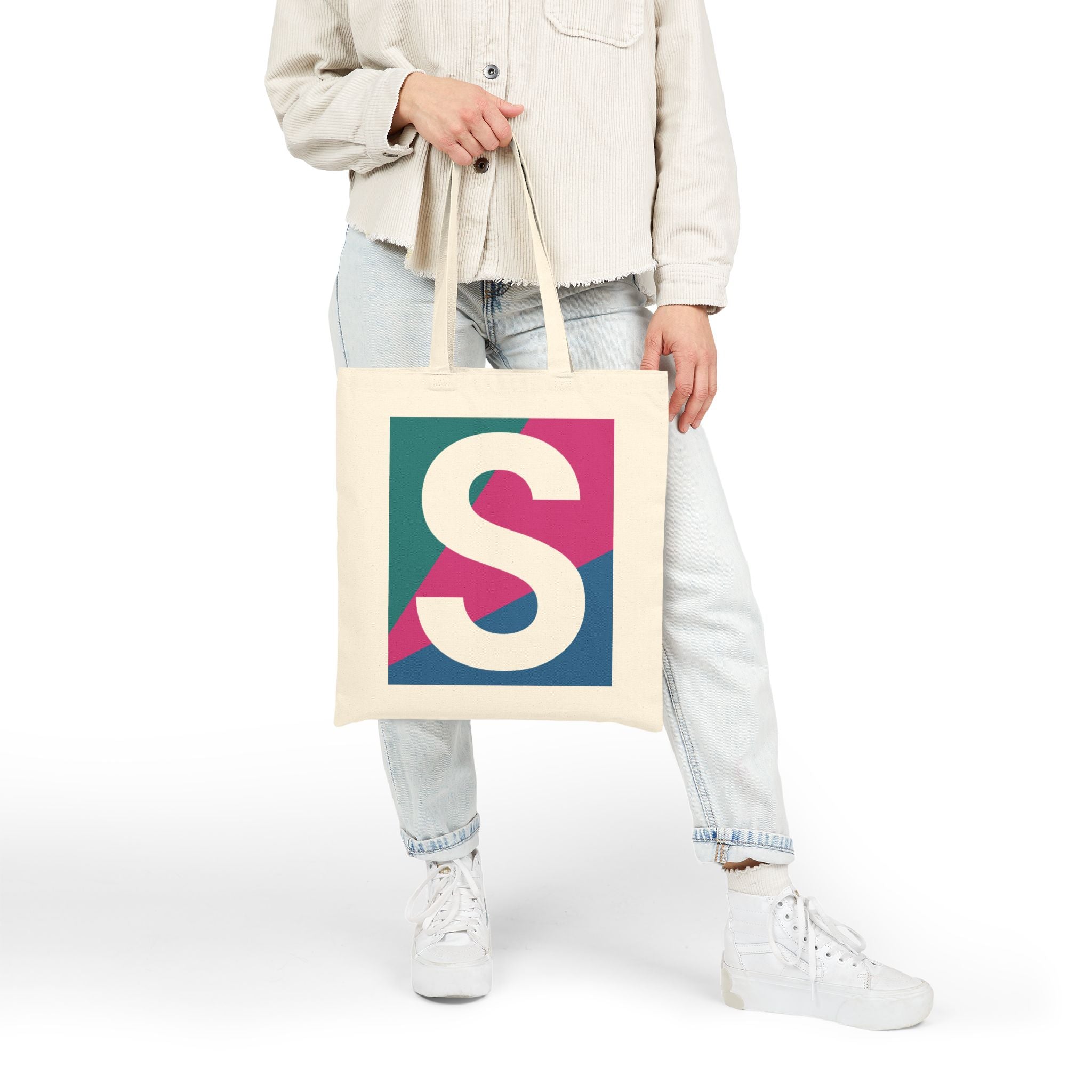 Initial S Colorblock Canvas Tote Bag — Monogram Letter S Reusable Grocery Tote
