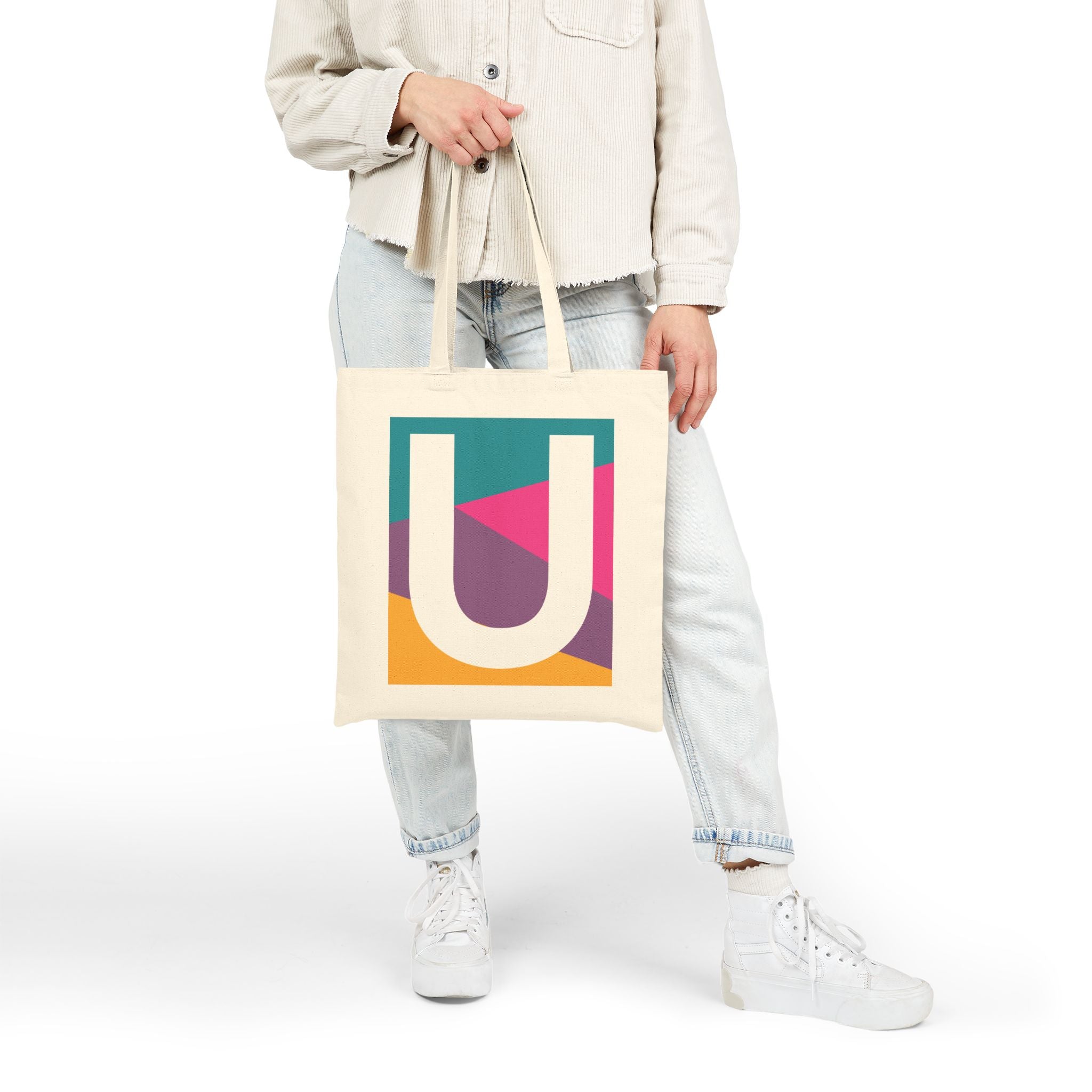 Initial U Colorblock Canvas Tote Bag — Monogram Letter U Reusable Grocery Tote