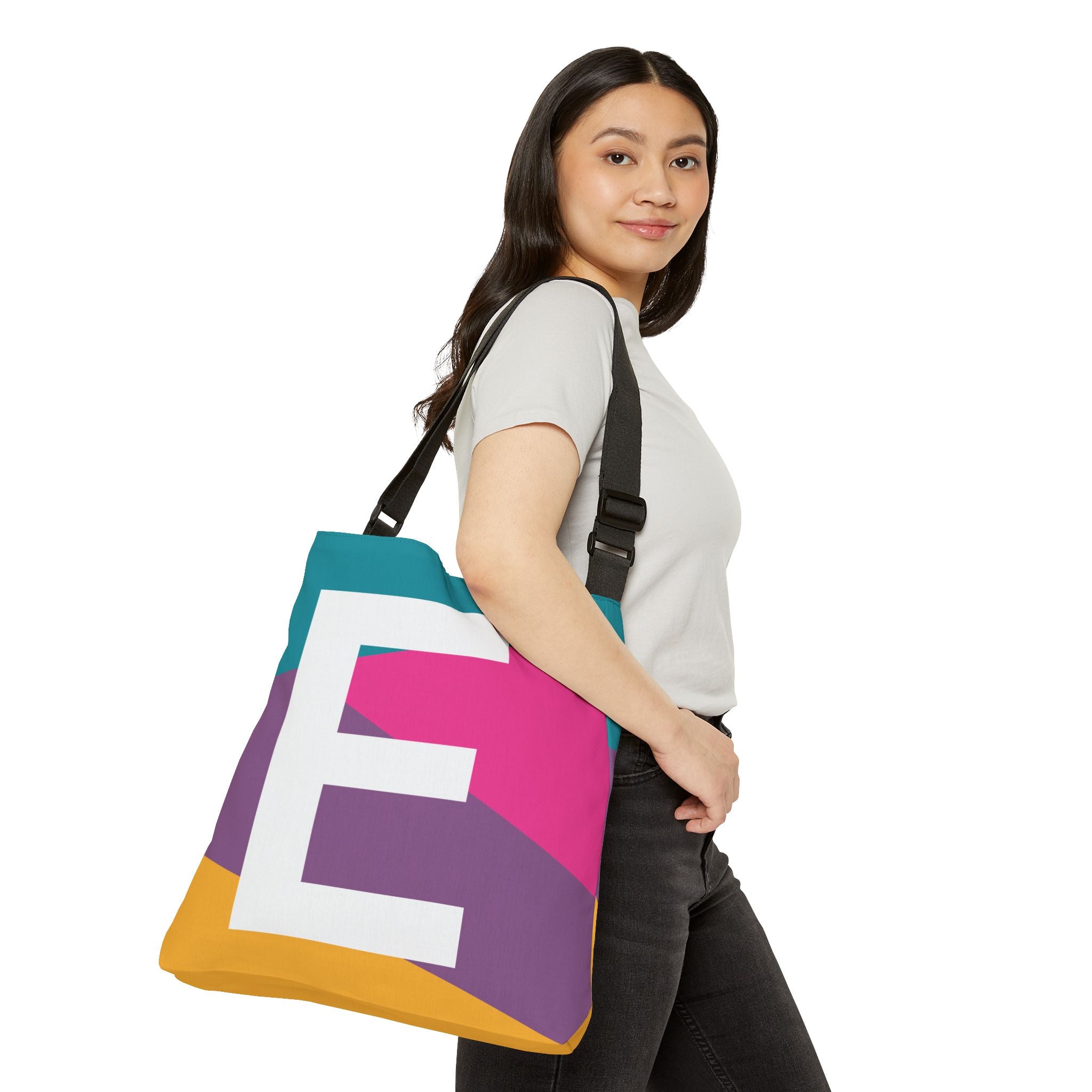 Initial Letter 'E' Colorblock Adjustable Tote Bag — Monogram Alphabet Shoulder Bag
