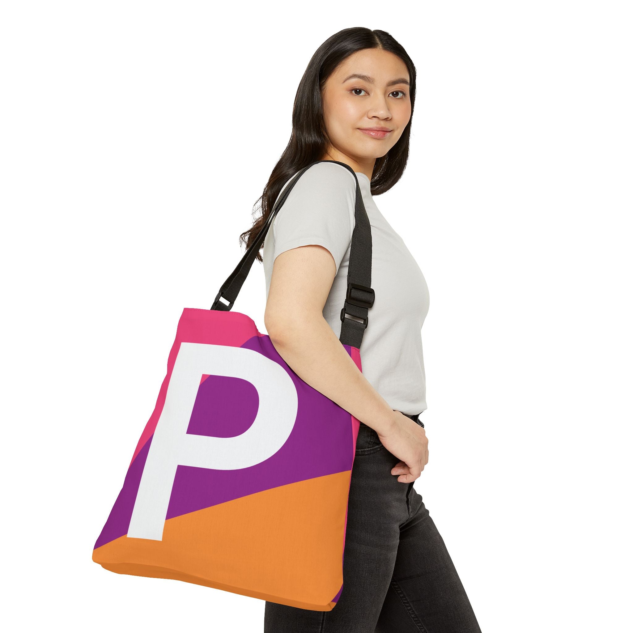 Initial Letter 'P' Colorblock Adjustable Tote Bag — Monogram Alphabet Shoulder Bag