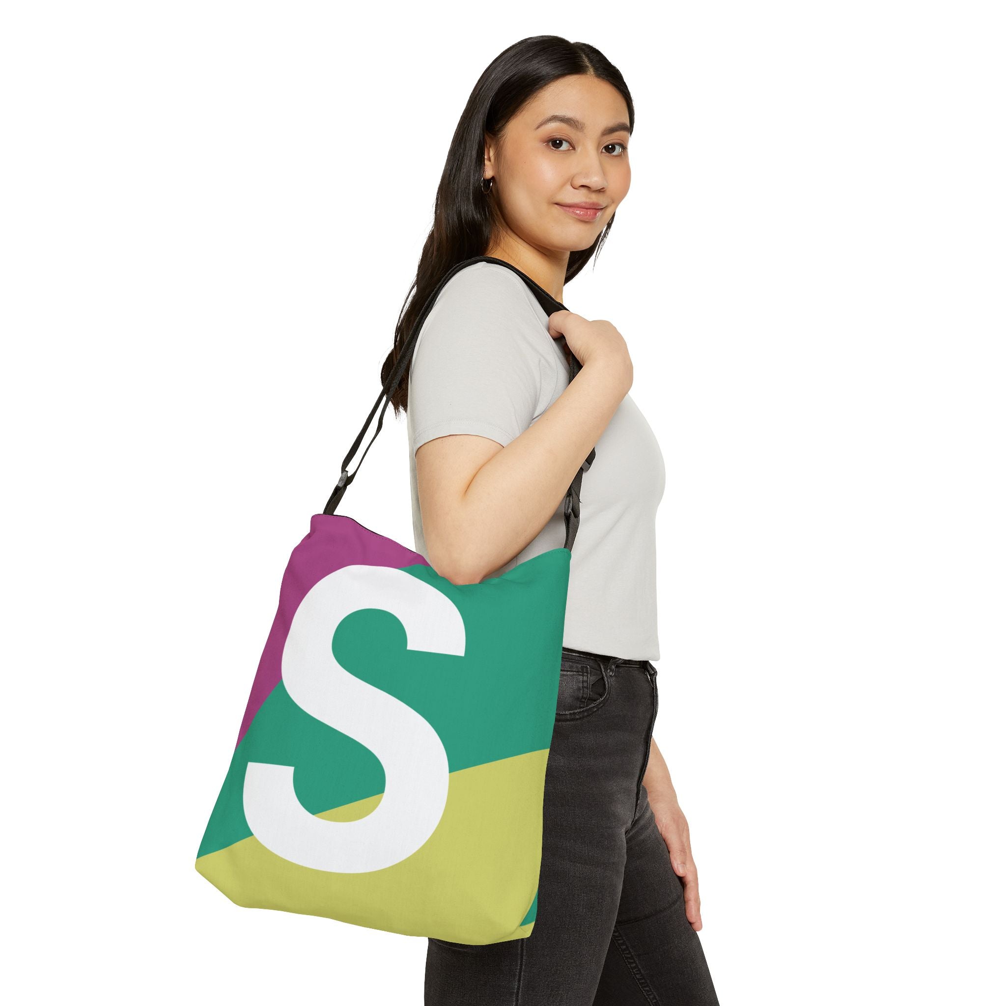 Initial Letter 'S' Colorblock Adjustable Tote Bag — Monogram Alphabet Shoulder Bag