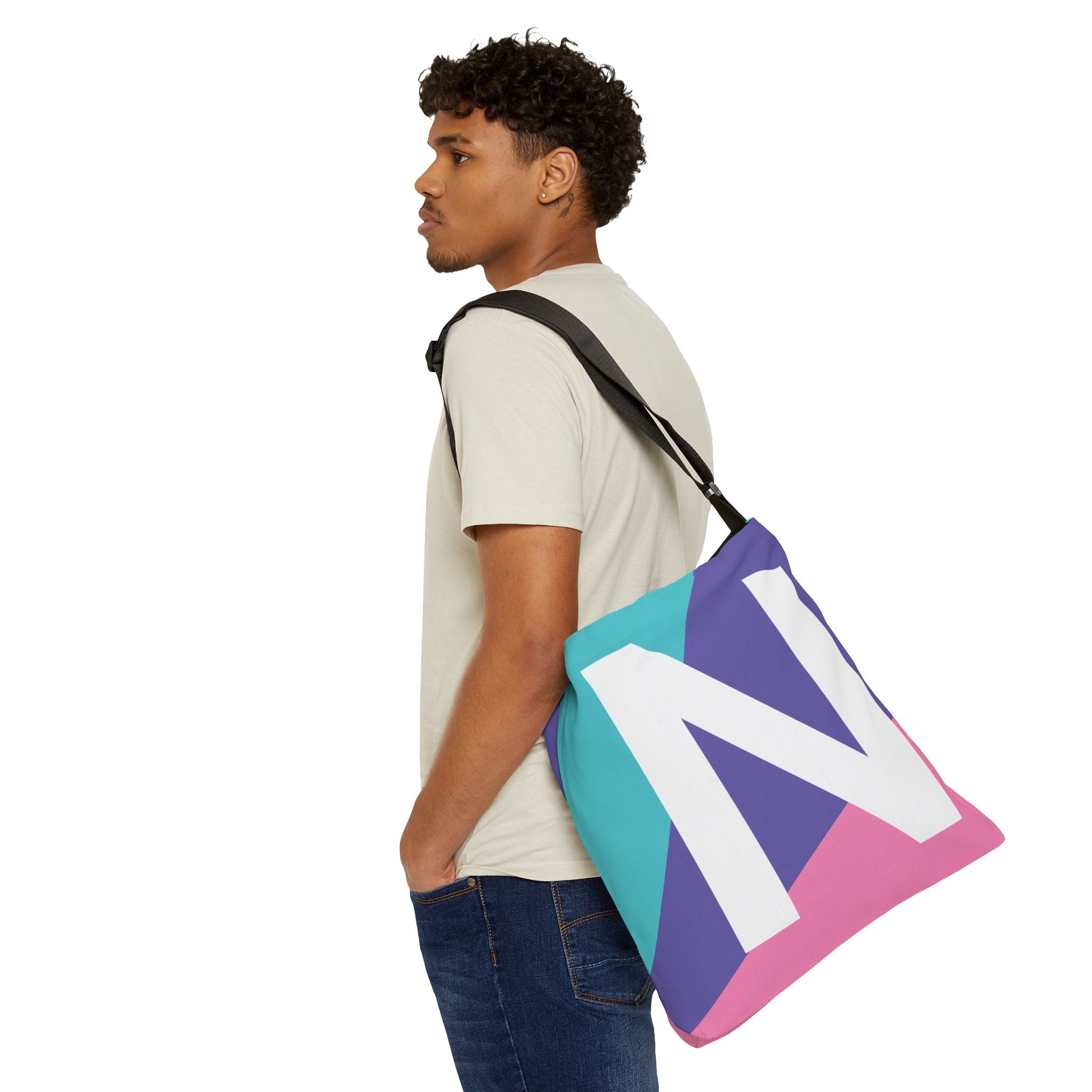 Initial Letter 'N' Colorblock Adjustable Tote Bag — Monogram Alphabet Shoulder Bag