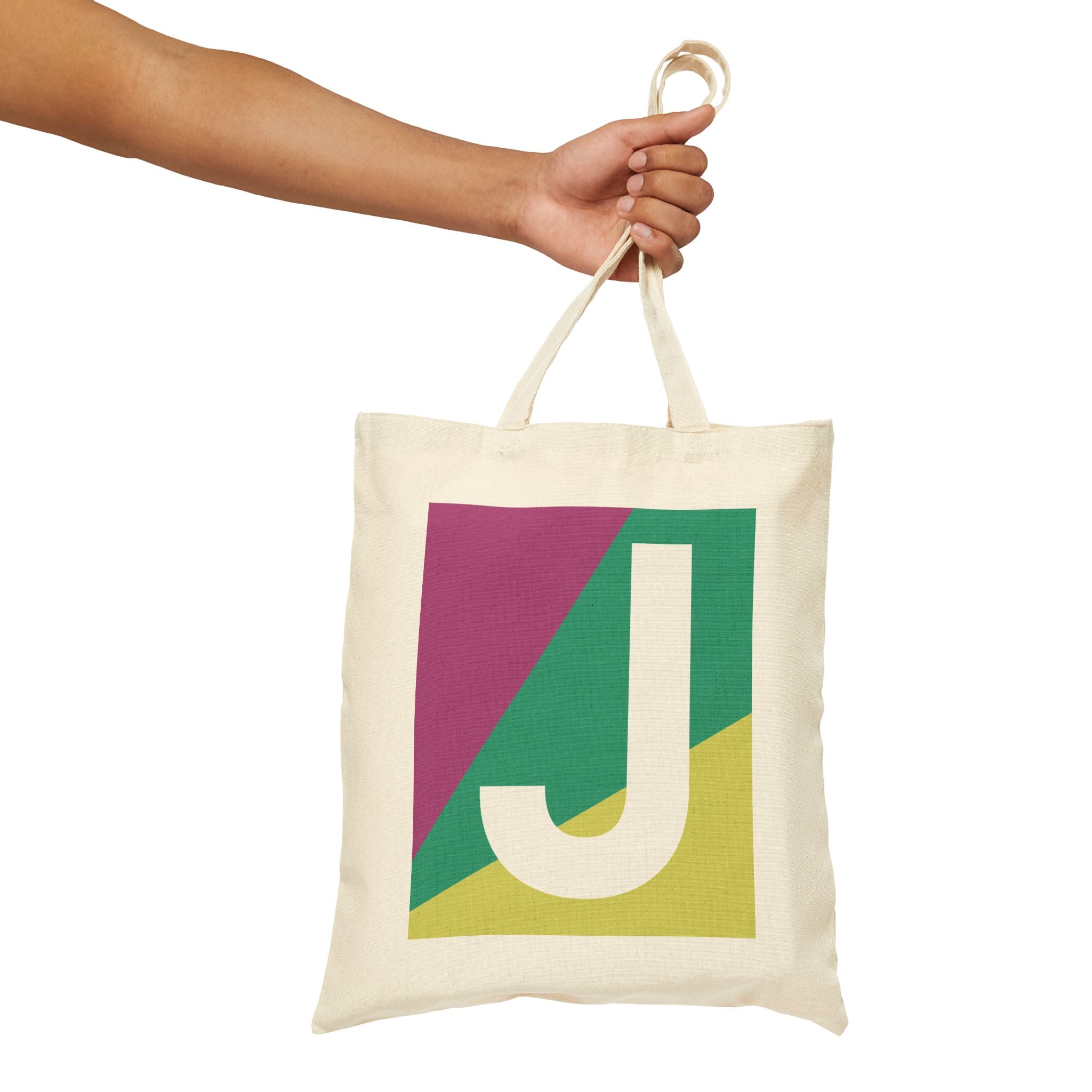 Initial J Colorblock Canvas Tote Bag — Monogram Letter J Reusable Grocery Tote