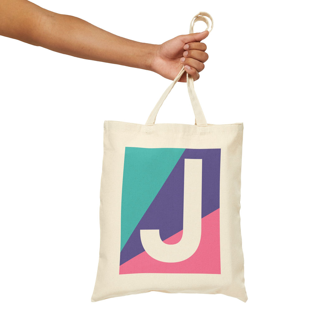 Initial J Colorblock Canvas Tote Bag — Monogram Letter J Reusable Grocery Tote