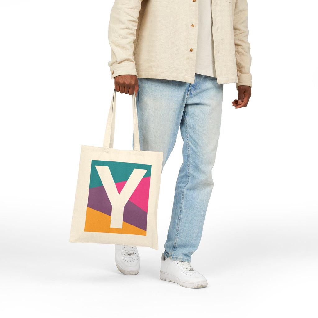 Initial Y Colorblock Canvas Tote Bag — Monogram Letter Y Reusable Grocery Tote