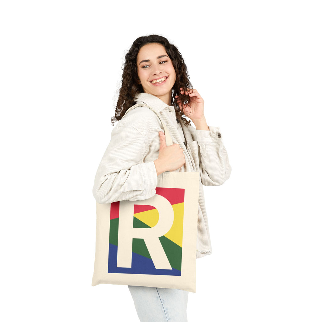 Initial R Colorblock Canvas Tote Bag — Monogram Letter R Reusable Grocery Tote