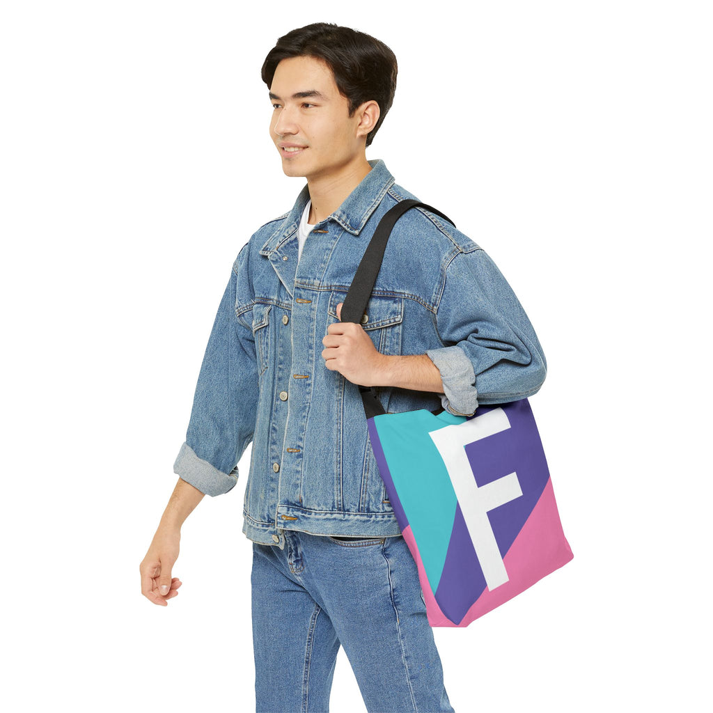 Initial Letter 'F' Colorblock Adjustable Tote Bag — Monogram Alphabet Shoulder Bag