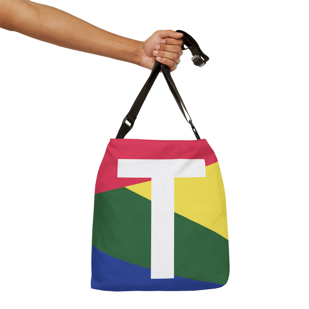 Initial Letter 'T' Colorblock Adjustable Tote Bag — Monogram Alphabet Shoulder Bag