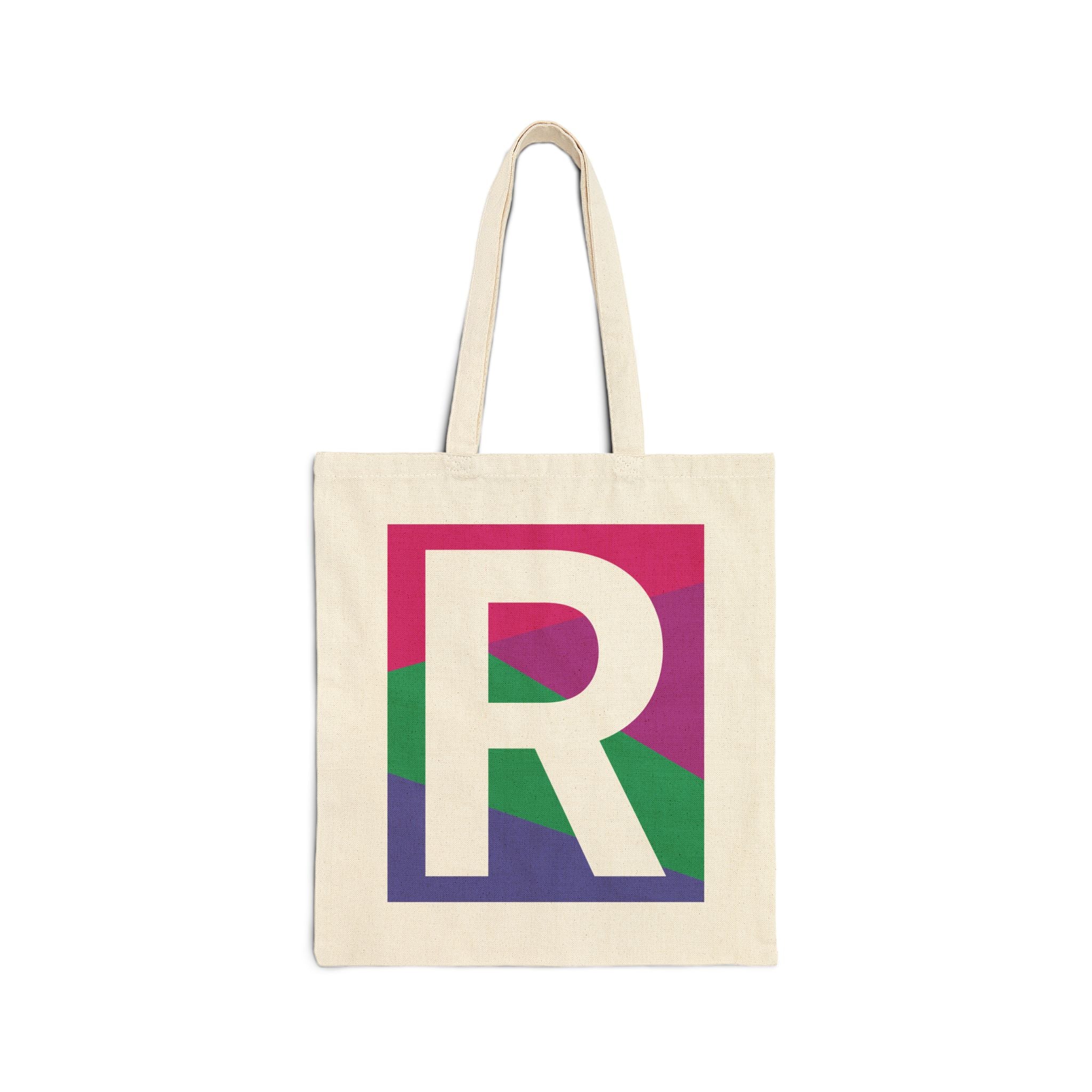 Initial R Colorblock Canvas Tote Bag — Monogram Letter R Reusable Grocery Tote