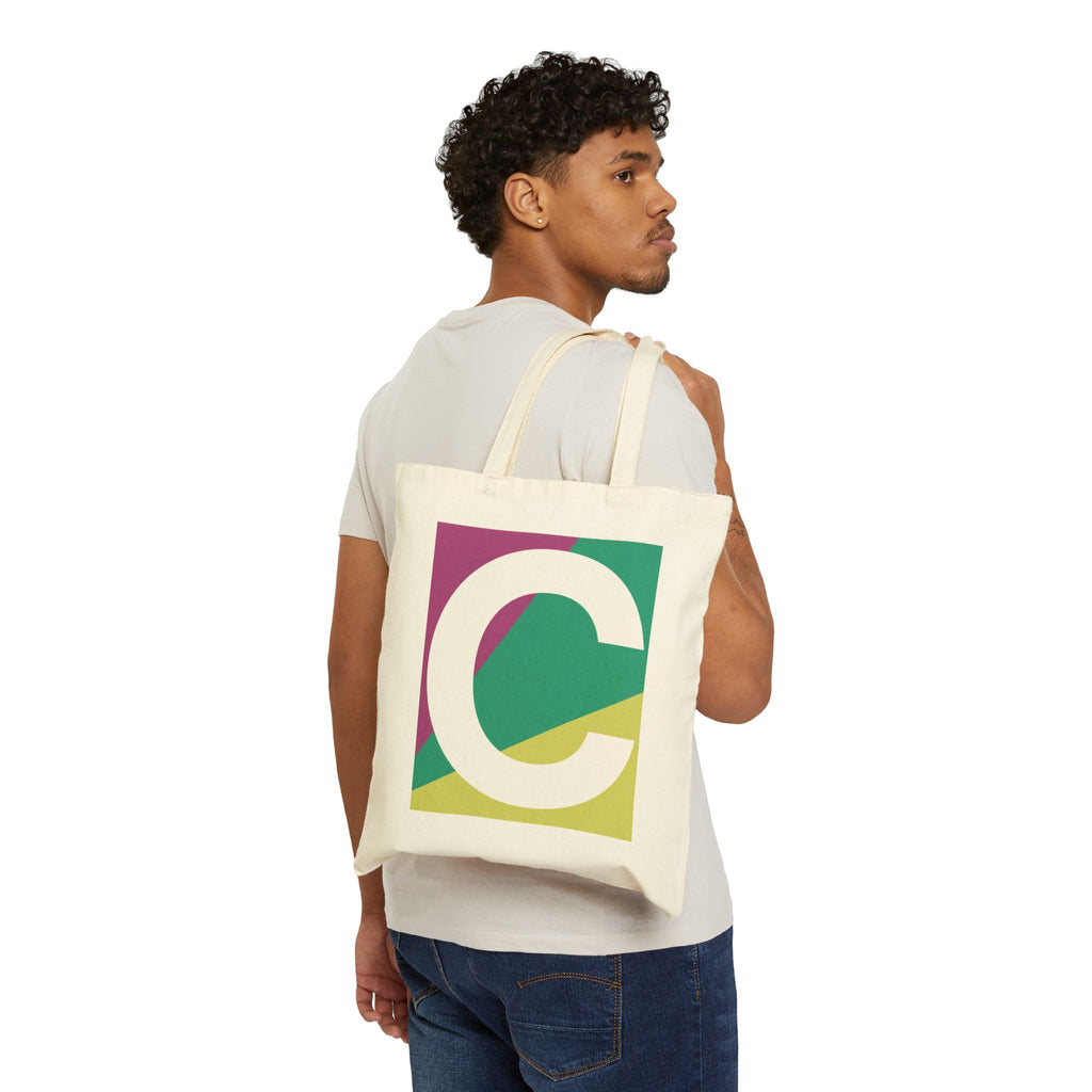 Initial C Colorblock Canvas Tote Bag — Monogram Letter C Reusable Grocery Tote