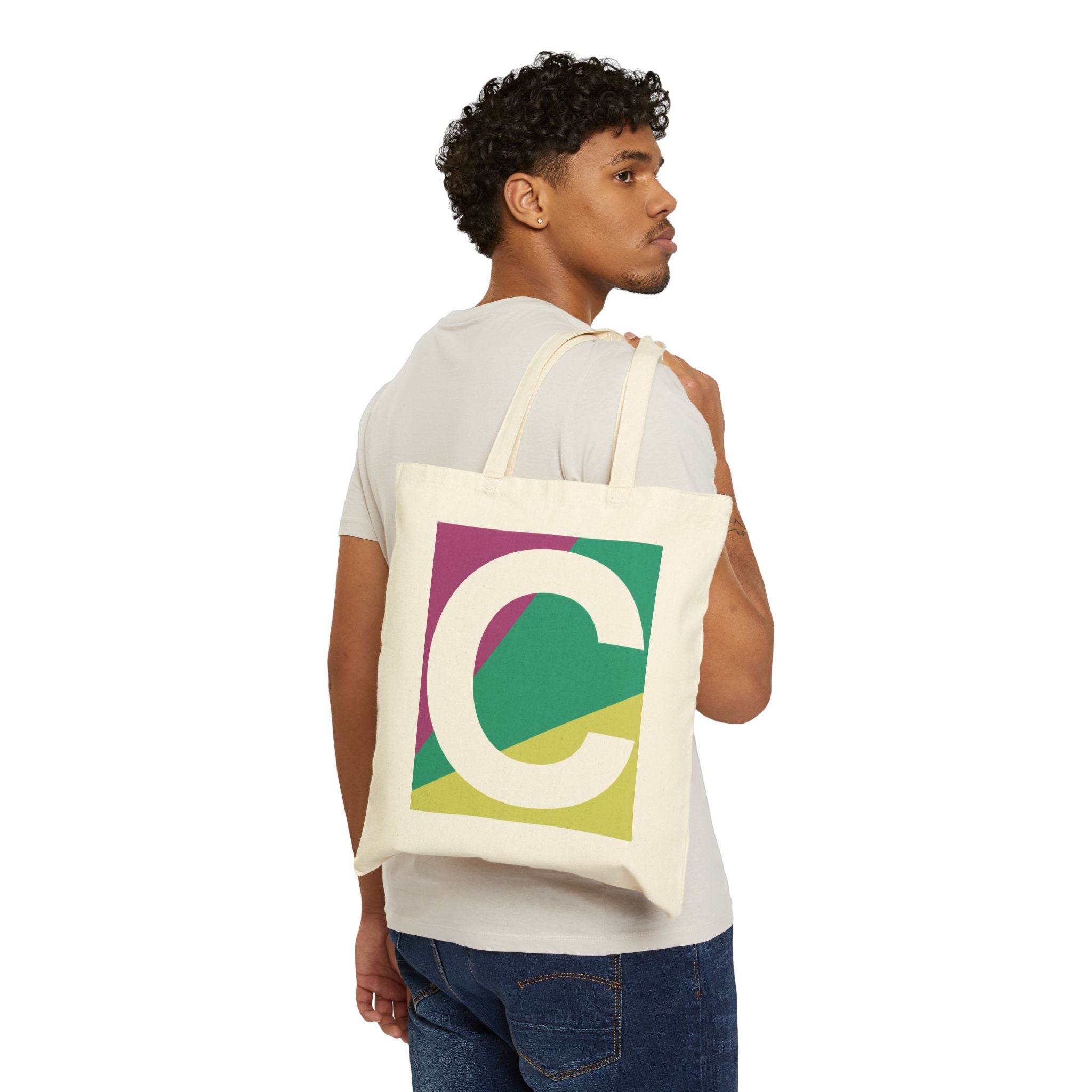 Initial C Colorblock Canvas Tote Bag — Monogram Letter C Reusable Grocery Tote