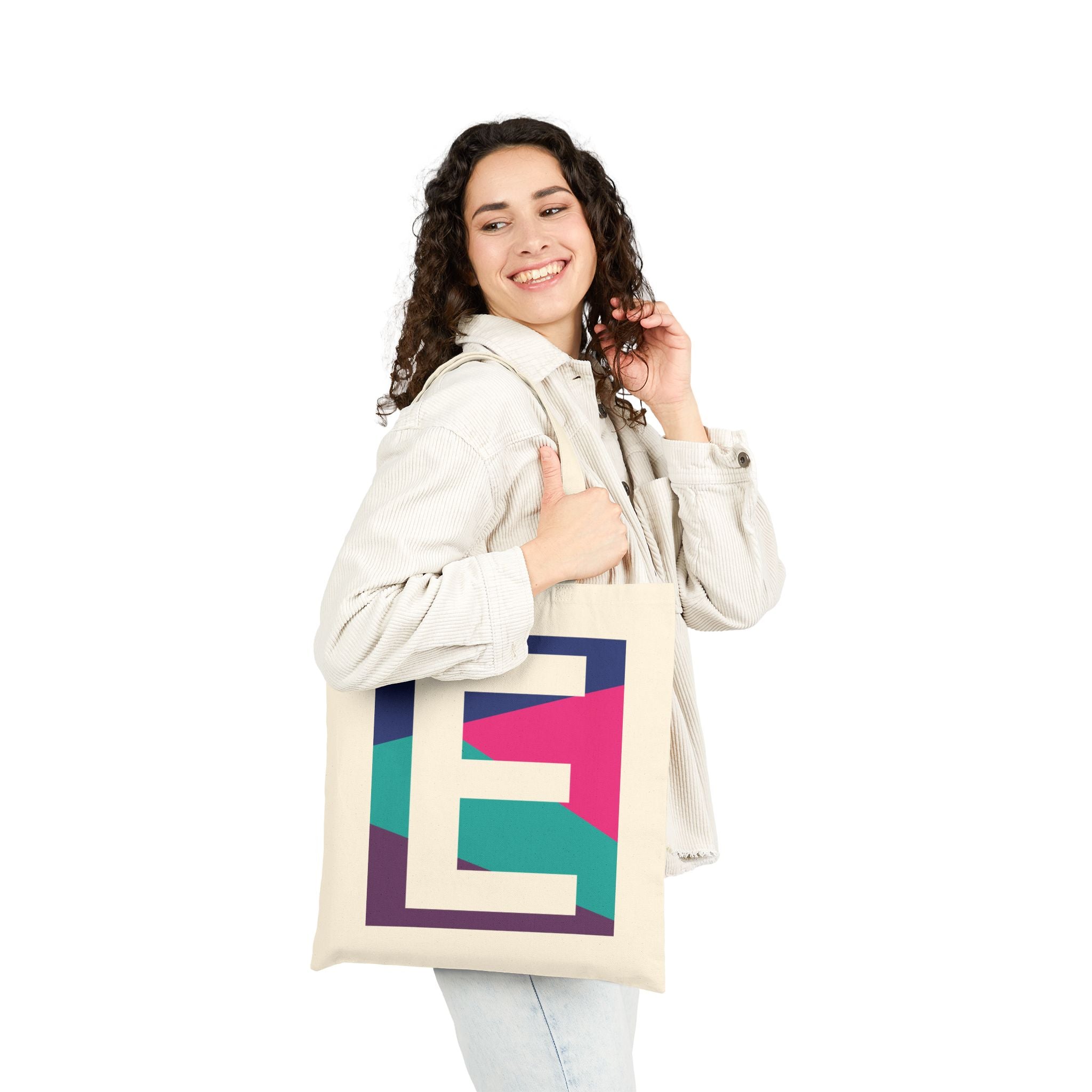 Initial E Colorblock Canvas Tote Bag — Monogram Letter E Reusable Grocery Tote