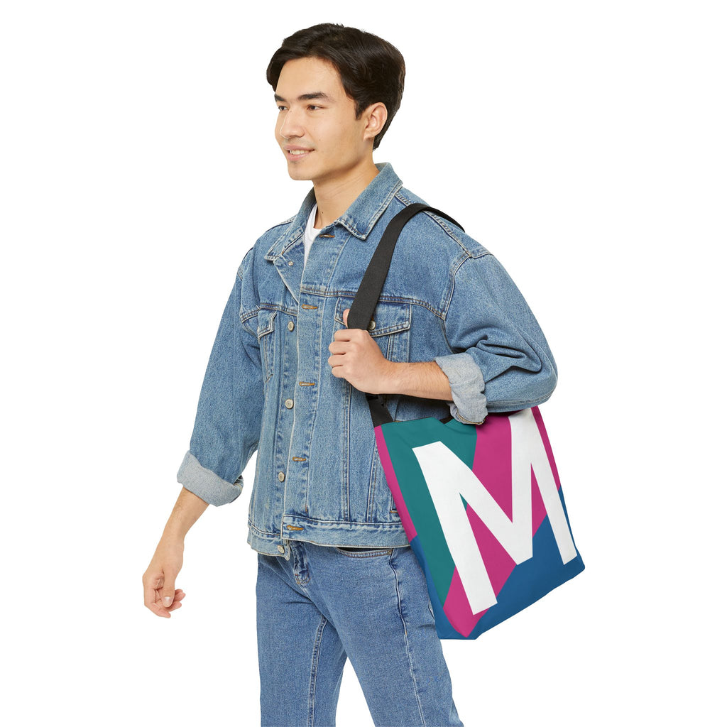 Initial Letter 'M' Colorblock Adjustable Tote Bag — Monogram Alphabet Shoulder Bag