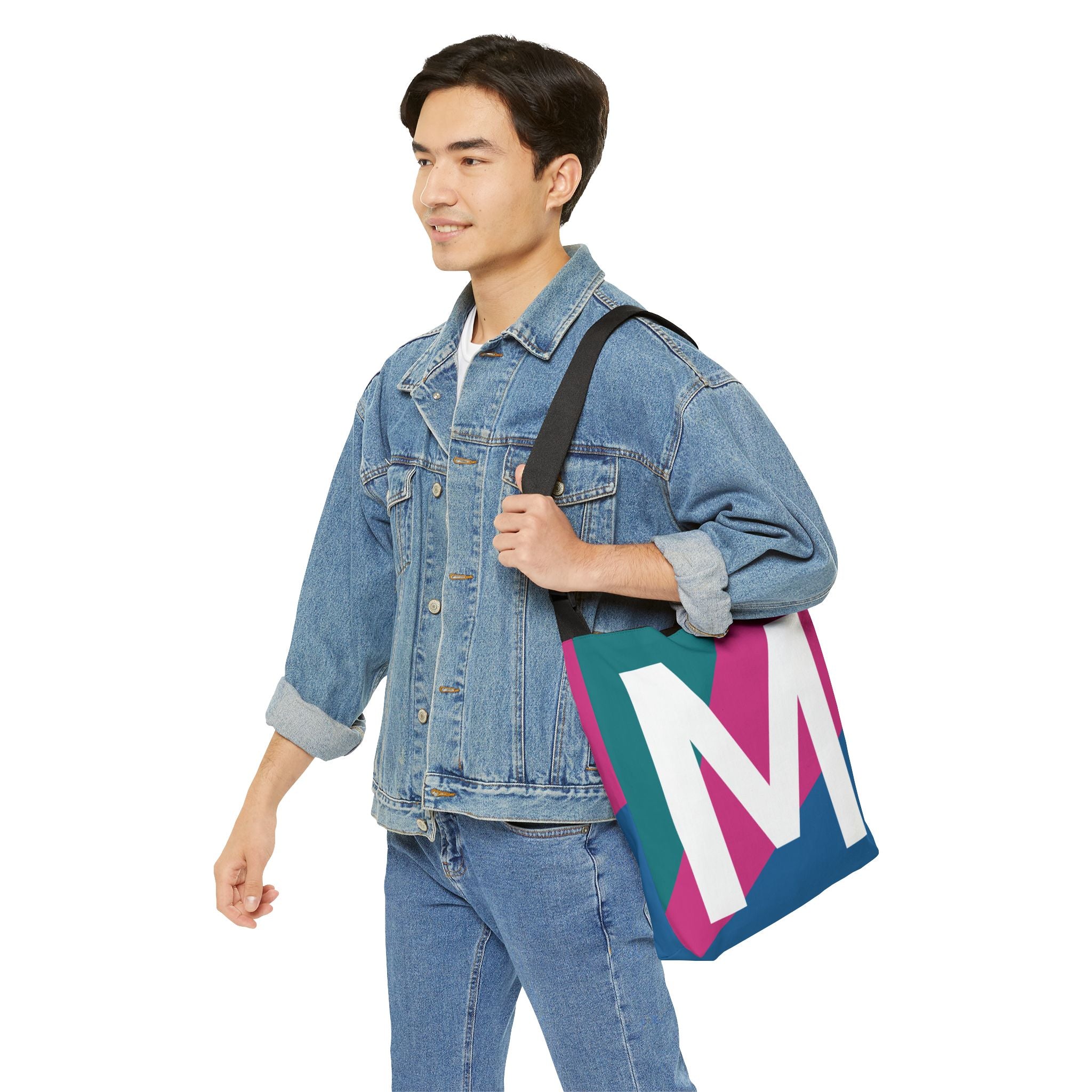 Initial Letter 'M' Colorblock Adjustable Tote Bag — Monogram Alphabet Shoulder Bag