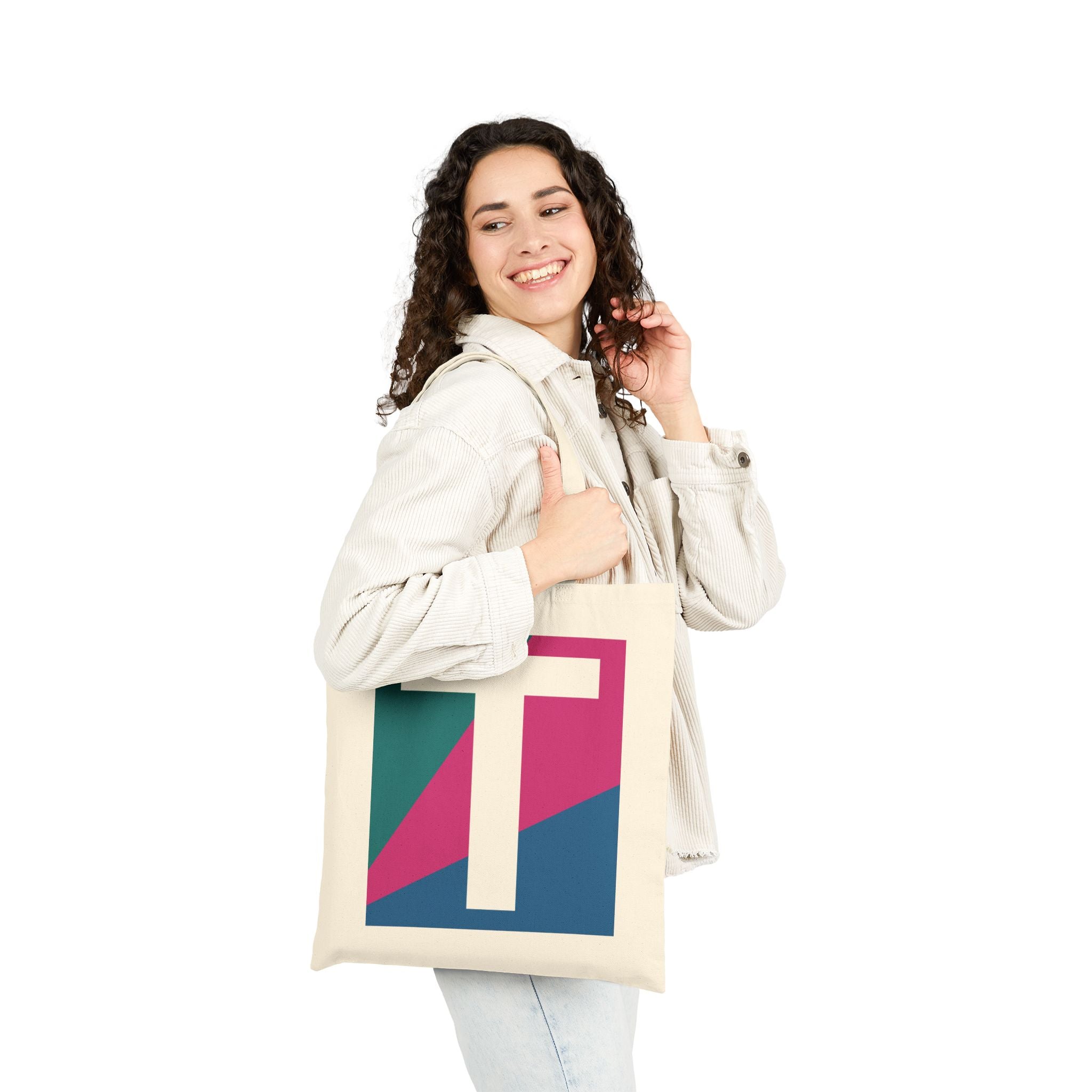 Initial T Colorblock Canvas Tote Bag — Monogram Letter T Reusable Grocery Tote