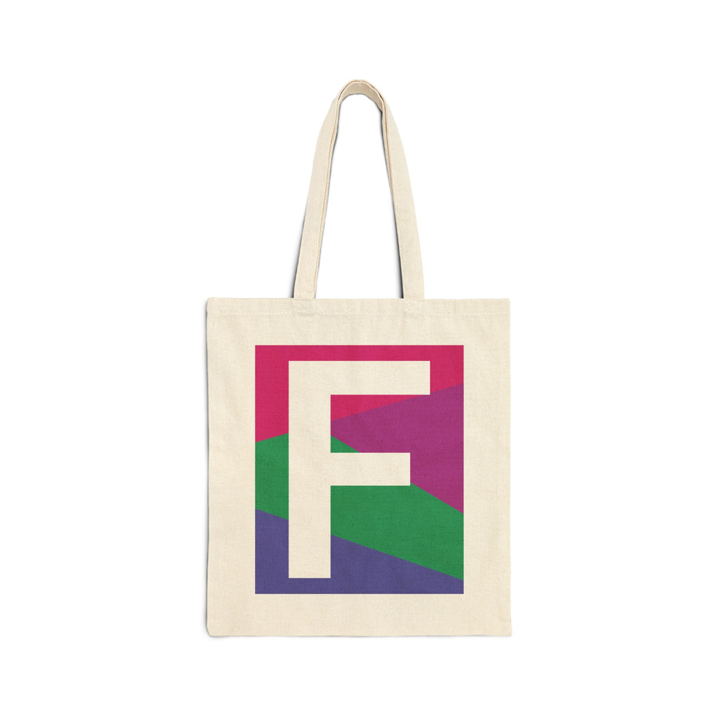 Initial F Colorblock Canvas Tote Bag — Monogram Letter F Reusable Grocery Tote