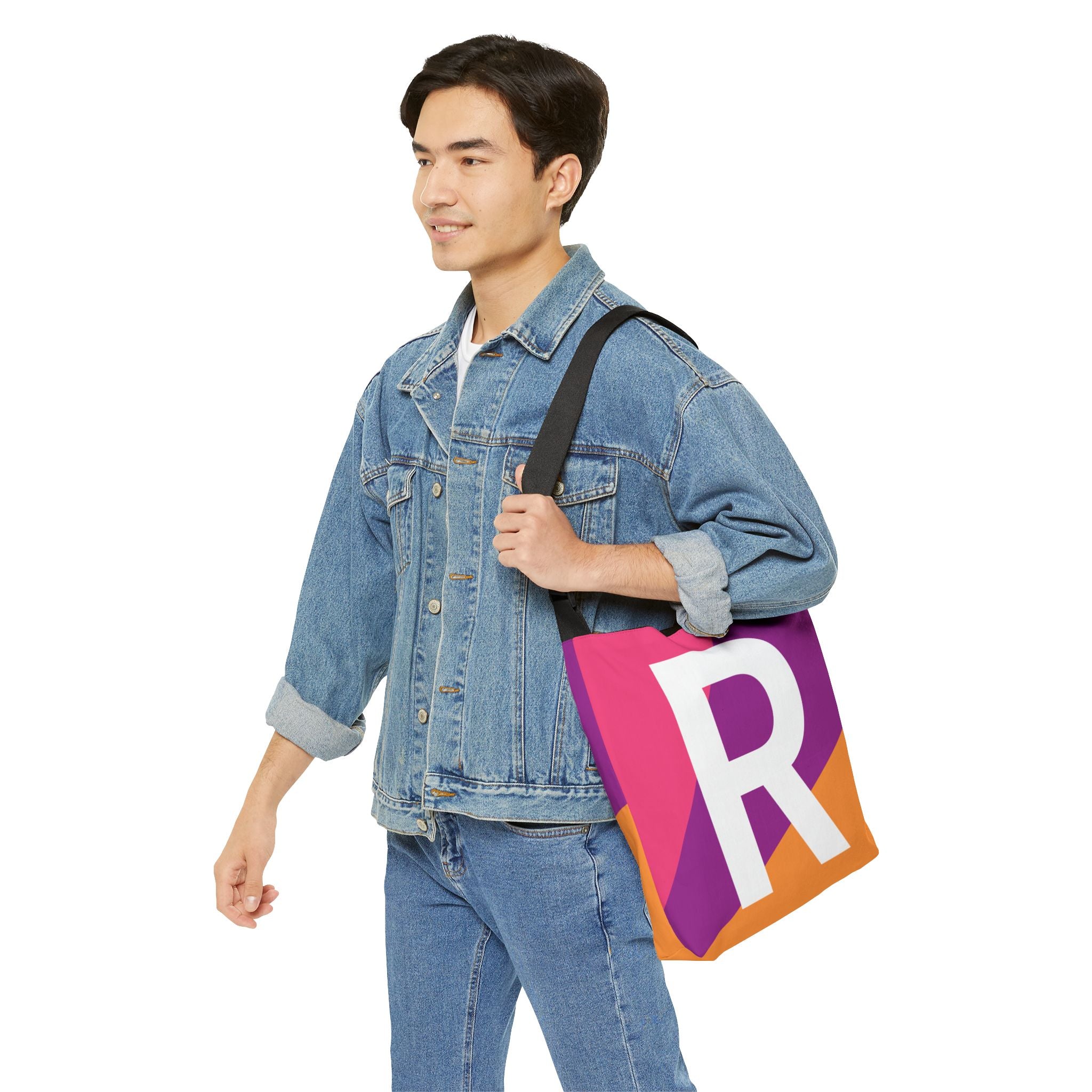 Initial Letter 'R' Colorblock Adjustable Tote Bag — Monogram Alphabet Shoulder Bag