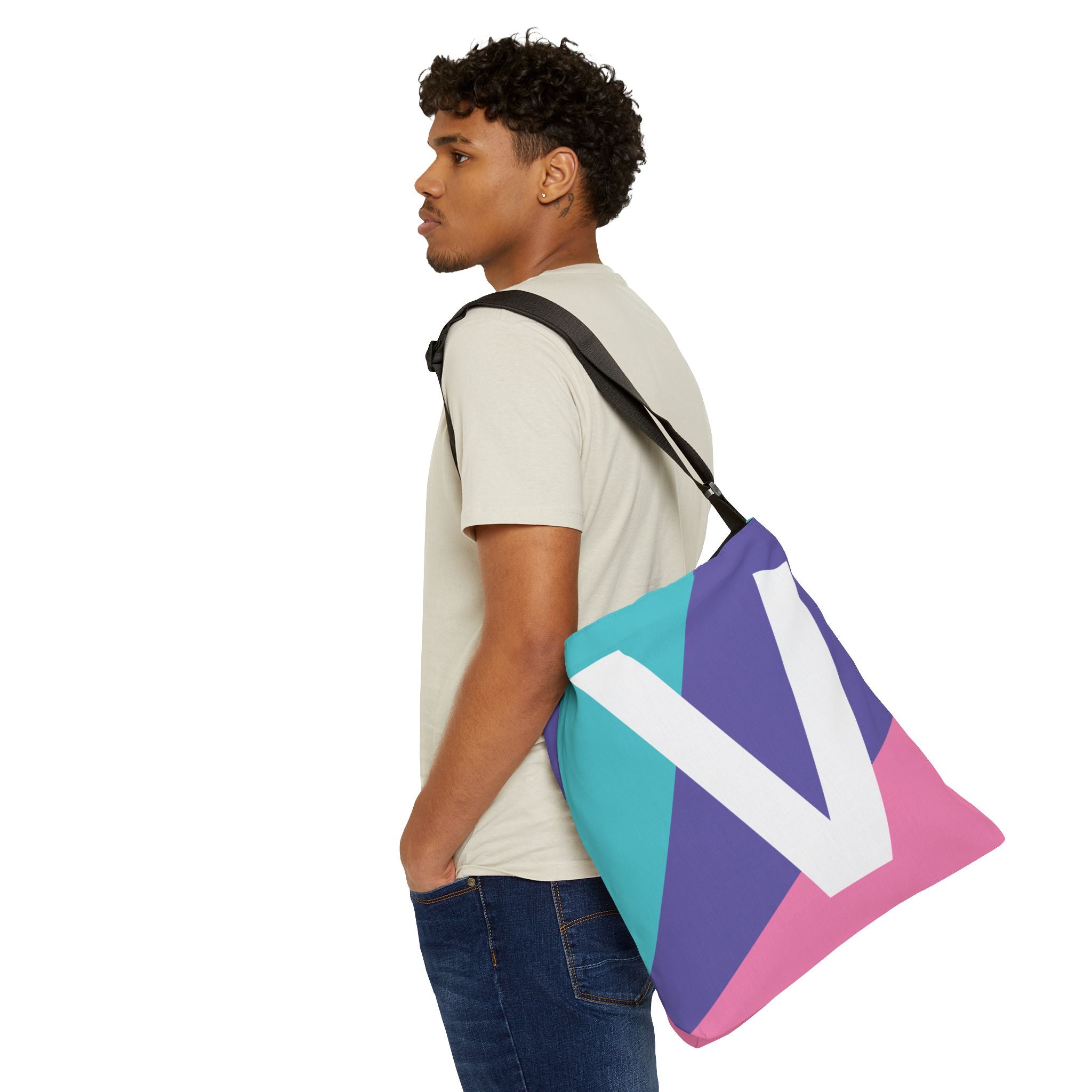 Initial Letter 'V' Colorblock Adjustable Tote Bag — Monogram Alphabet Shoulder Bag