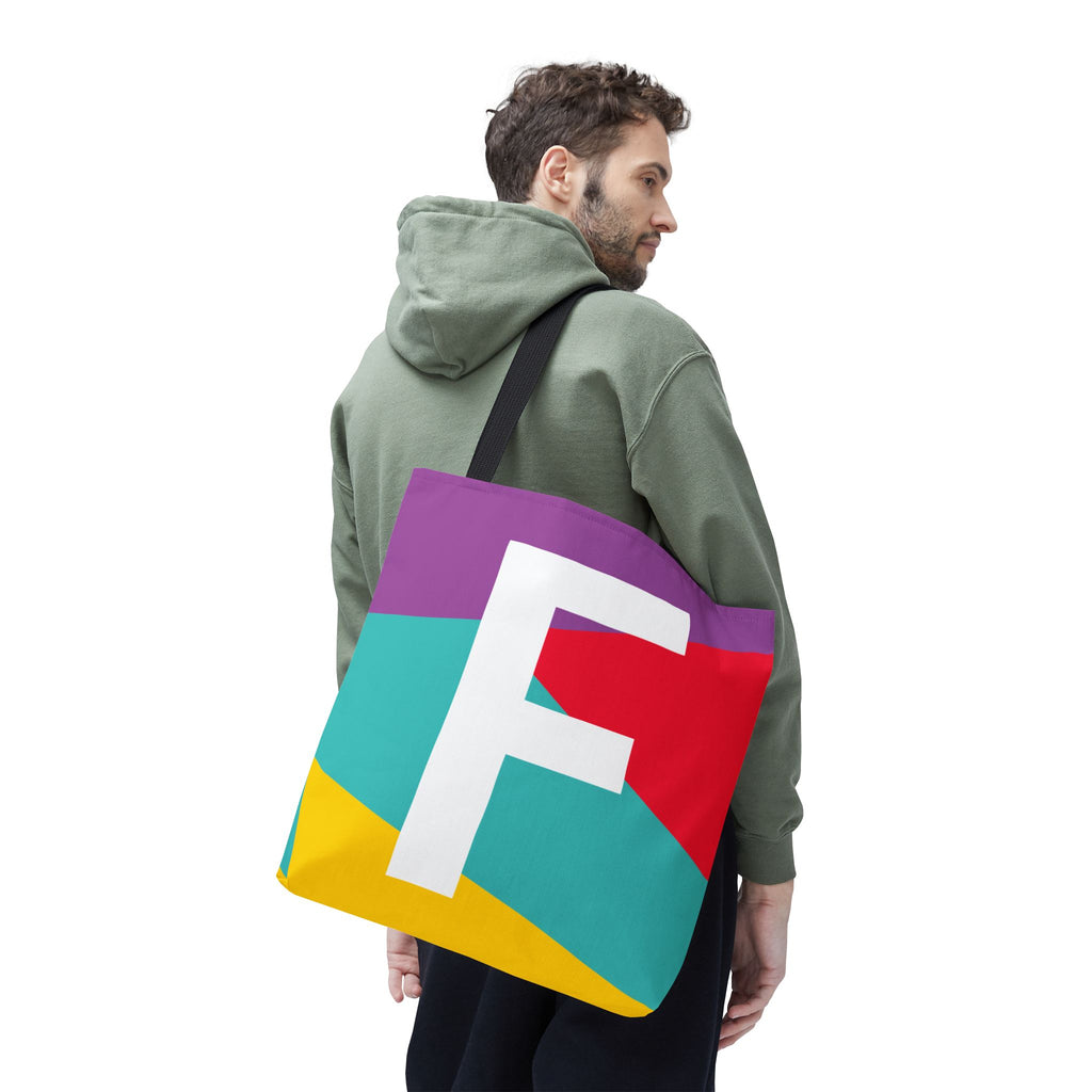 Monogram 'F' Colorblock Tote Bag — Personalized Initial F Shoulder Tote