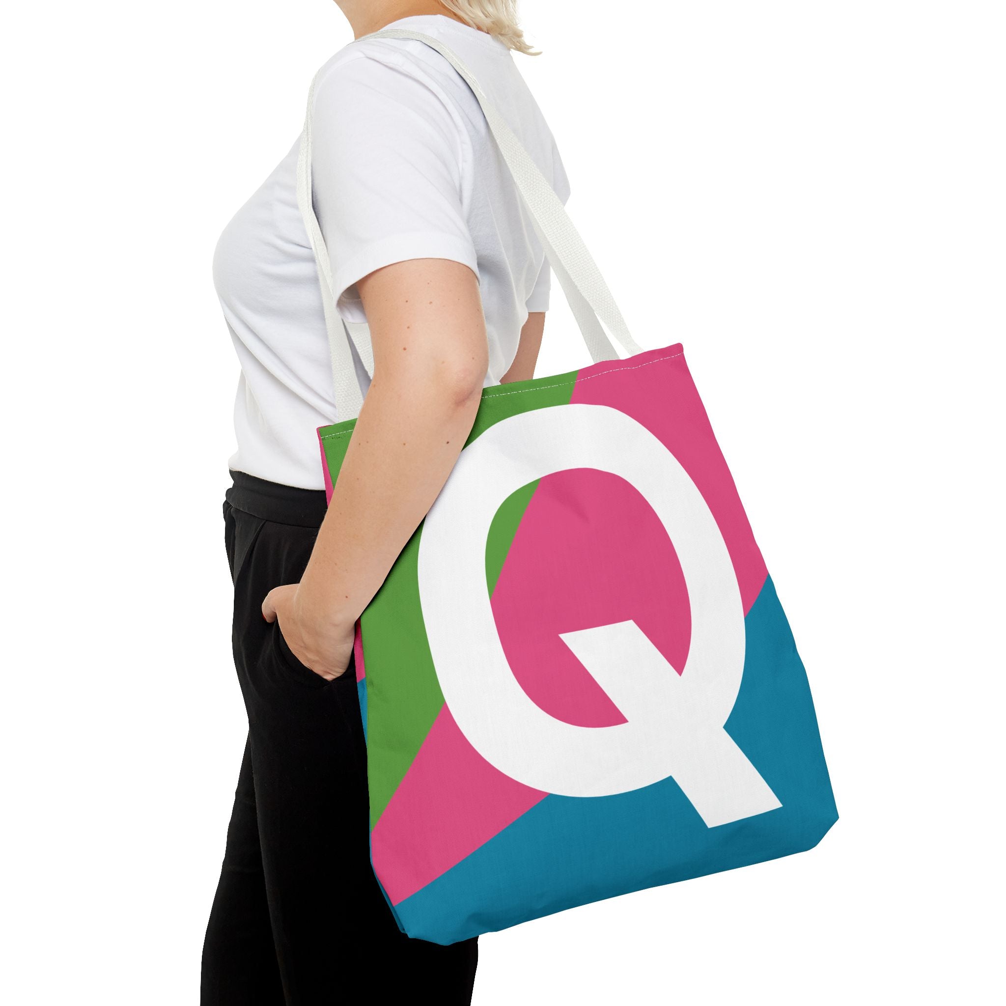 Monogram 'Q' Colorblock Tote Bag — Personalized Initial Q Shoulder Tote