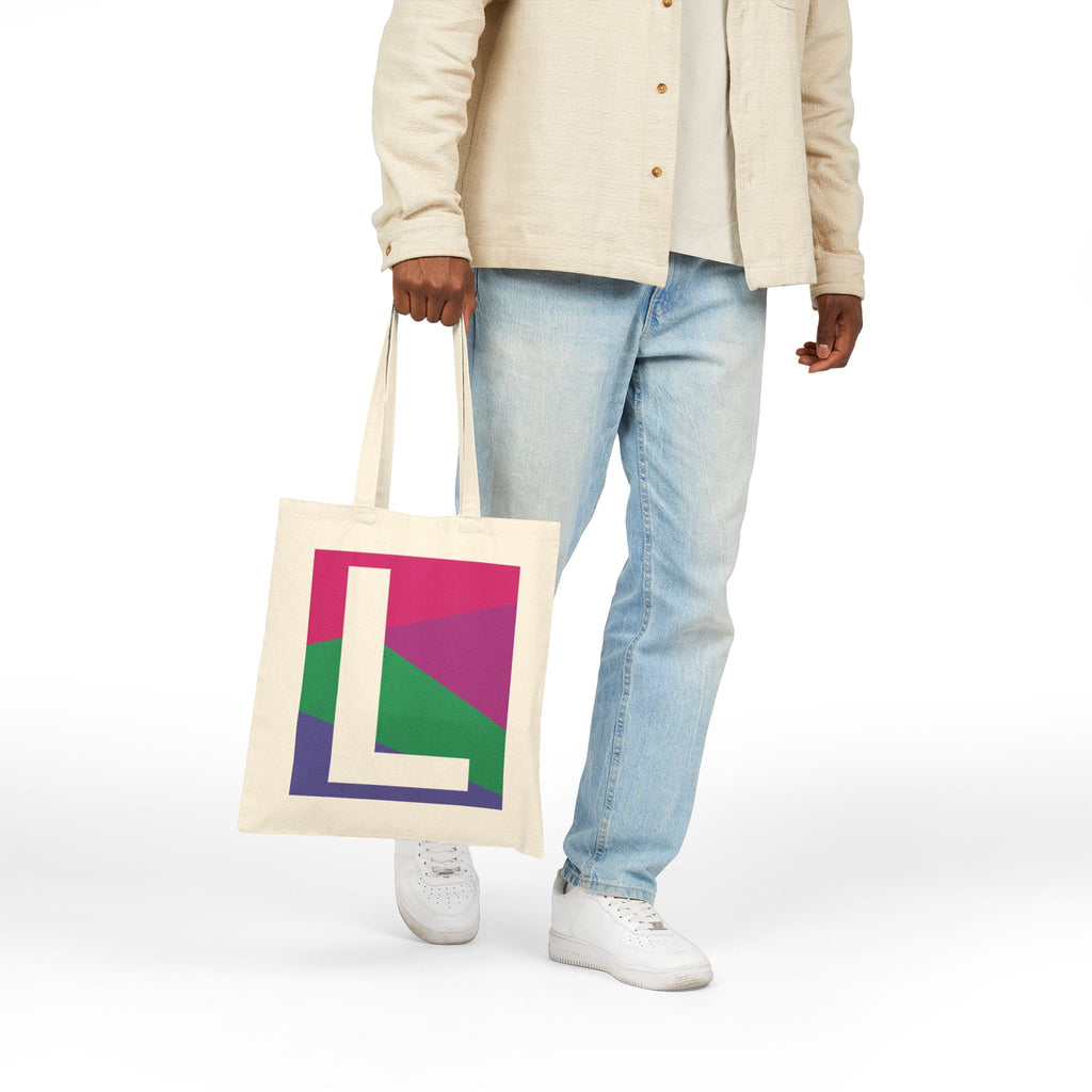 Initial L Colorblock Canvas Tote Bag — Monogram Letter L Reusable Grocery Tote