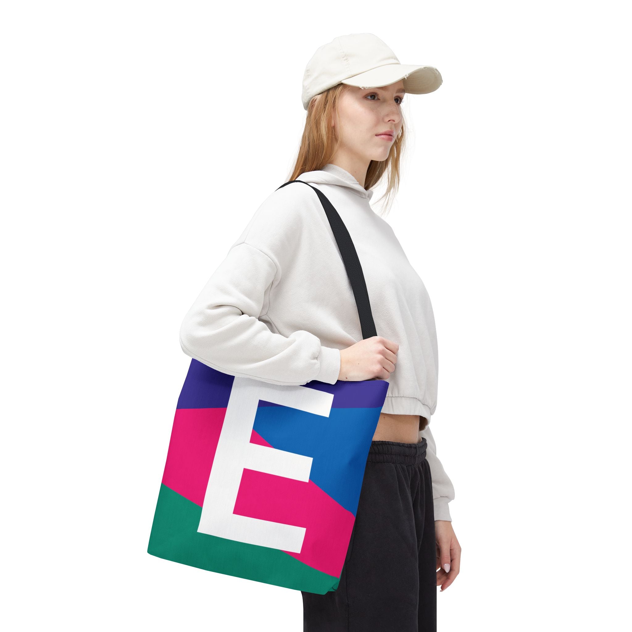 Monogram 'E' Colorblock Tote Bag — Personalized Initial E Shoulder Tote