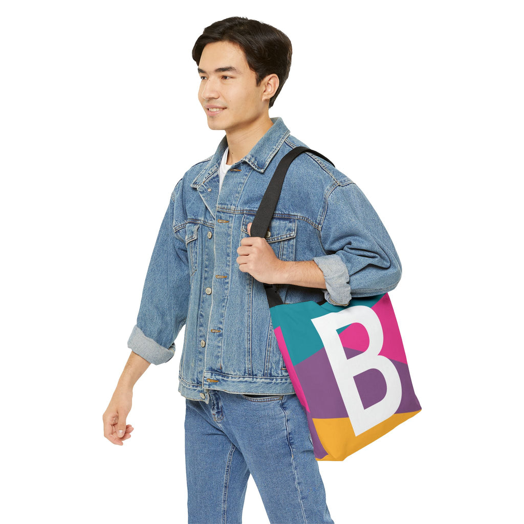 Initial Letter 'B' Colorblock Adjustable Tote Bag — Monogram Alphabet Shoulder Bag