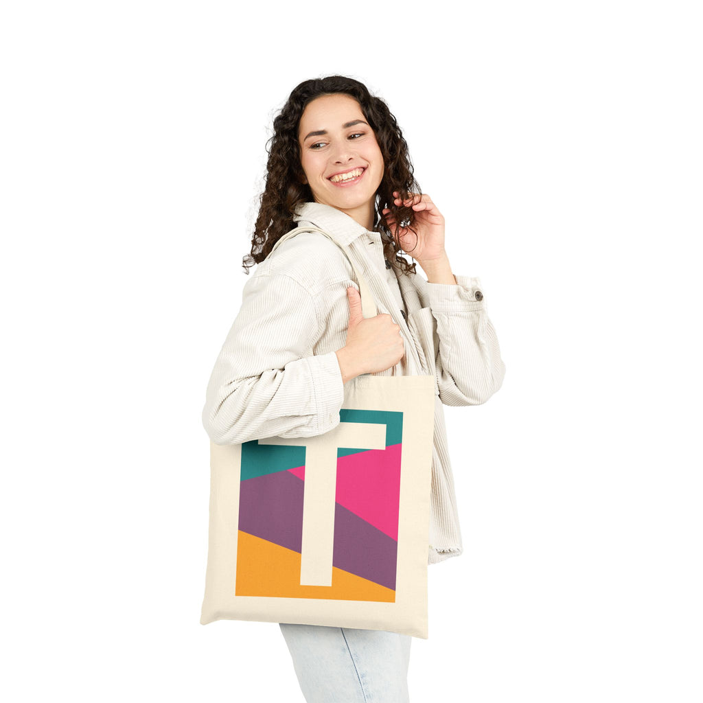 Initial T Colorblock Canvas Tote Bag — Monogram Letter T Reusable Grocery Tote