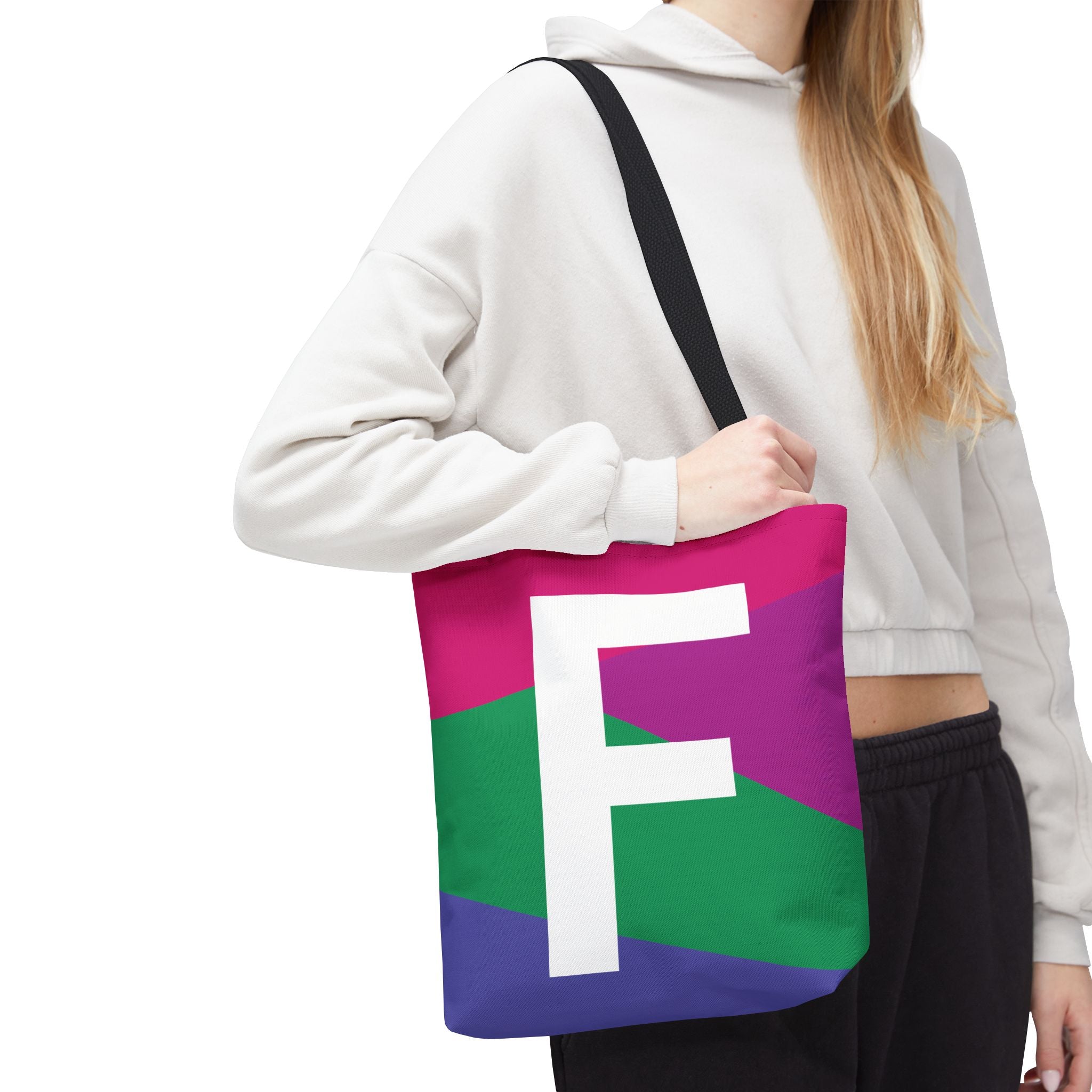 Monogram 'F' Colorblock Tote Bag — Personalized Initial F Shoulder Tote
