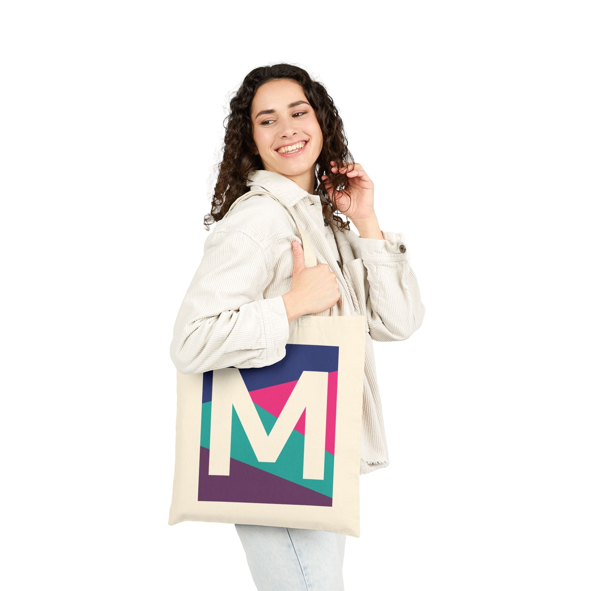 Initial M Colorblock Canvas Tote Bag — Monogram Letter M Reusable Grocery Tote